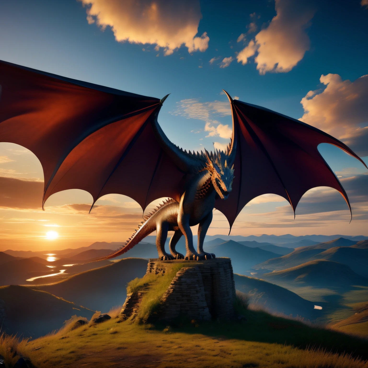 A game of thrones dragon on hill, spread wings, sunrise, clouds, autumn, very sharp beautiful, ultra realistic, unreal engine 8k resolution