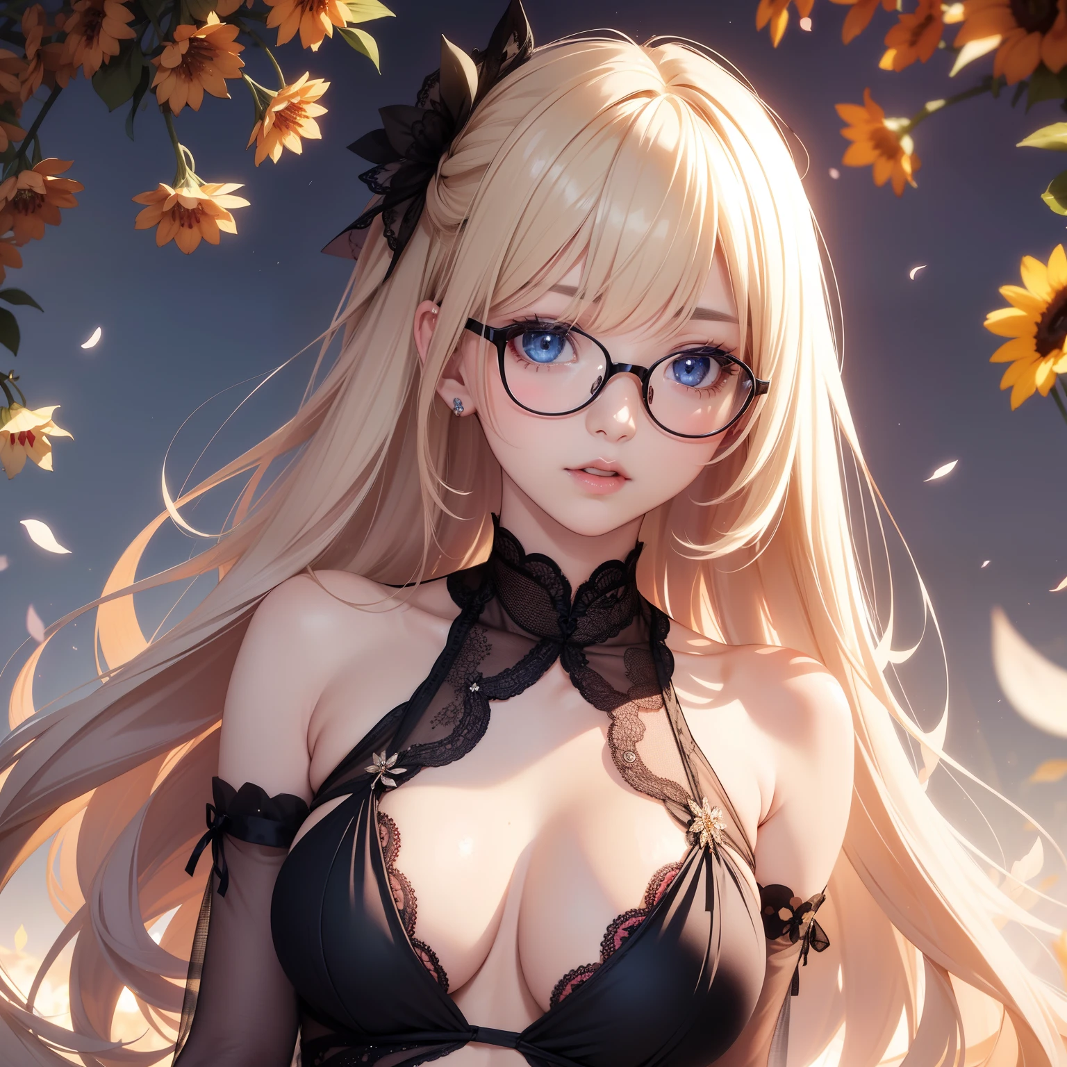 super high image, super detail, super high resolution, portrait, sexy female, beautiful, cute, glasses, blue sparkling big eyes, light blonde glossy braided bangs hair, red alluring moist lips, amorous expression, lewd expression, flat chest, abs, slender, black lace see-through tight dress, background lots of petals from lilies cherry blossoms and sunflowers are spread all over the place, professional lighting
