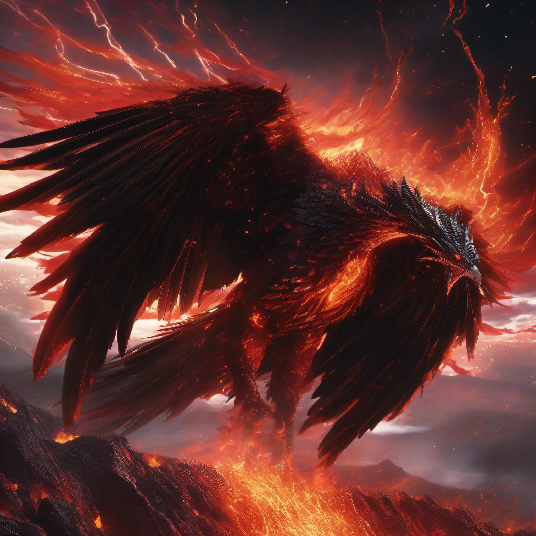 Masterpiece、high-detail、A hyper-realistic、((A world of black and red like a pitch-black night、A giant phoenix made of flames born from the bright red magma of a volcanic crater flapping its wings in flames、Lightning connects the crater to the sky)):1.9