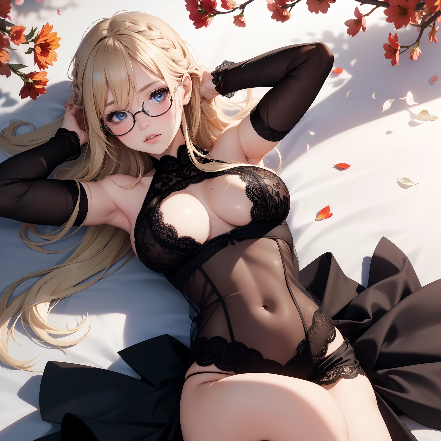 super high image, super detail, super high resolution, portrait, sexy female, beautiful, cute, glasses, blue sparkling big eyes, light blonde glossy braided bangs hair, red alluring moist lips, amorous expression, lewd expression, flat chest, abs, slender, black lace see-through tight dress, background lots of petals from lilies cherry blossoms and sunflowers are spread all over the place, professional lighting