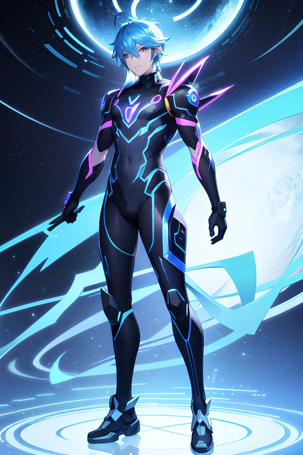 male cyber funk, cyber link. blue cosmic. full body