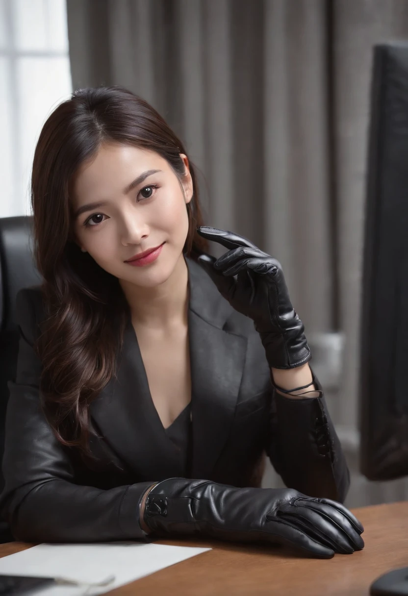 Wearing black leather gloves in both hands, upper body, black business suit, facing the desk in my room with a computer in the dark, looking down and smiling, operating the computer with the fingertips of black leather gloves, black hair bundled at the back for a long time, still young and very cute Japanese female new employee (black leather gloves cover both hands)