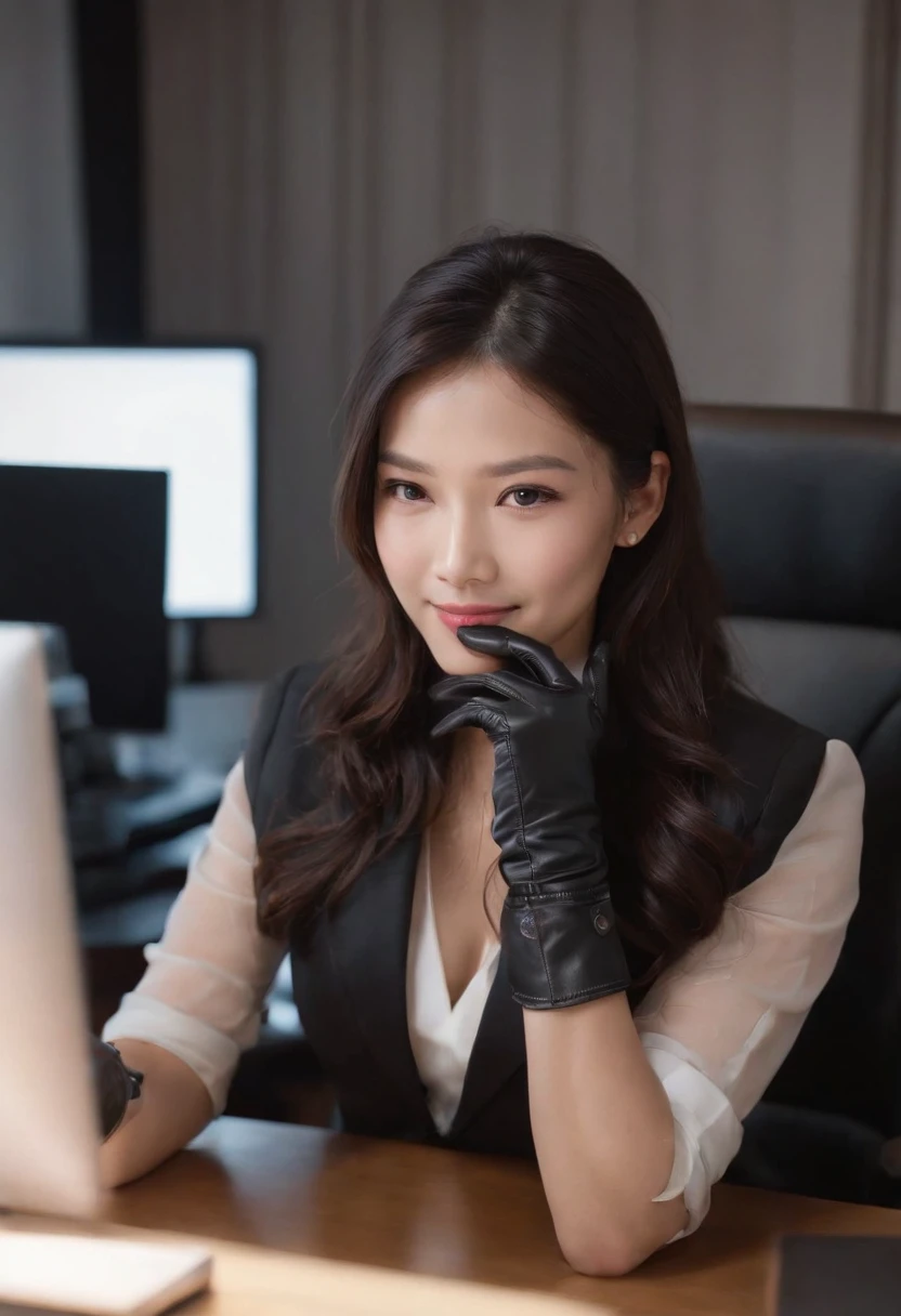 Wearing black leather gloves in both hands, upper body, black business suit, facing the desk in my room with a computer in the dark, looking down and smiling, operating the computer with the fingertips of black leather gloves, black hair bundled at the back for a long time, still young and very cute Japanese female new employee (black leather gloves cover both hands)