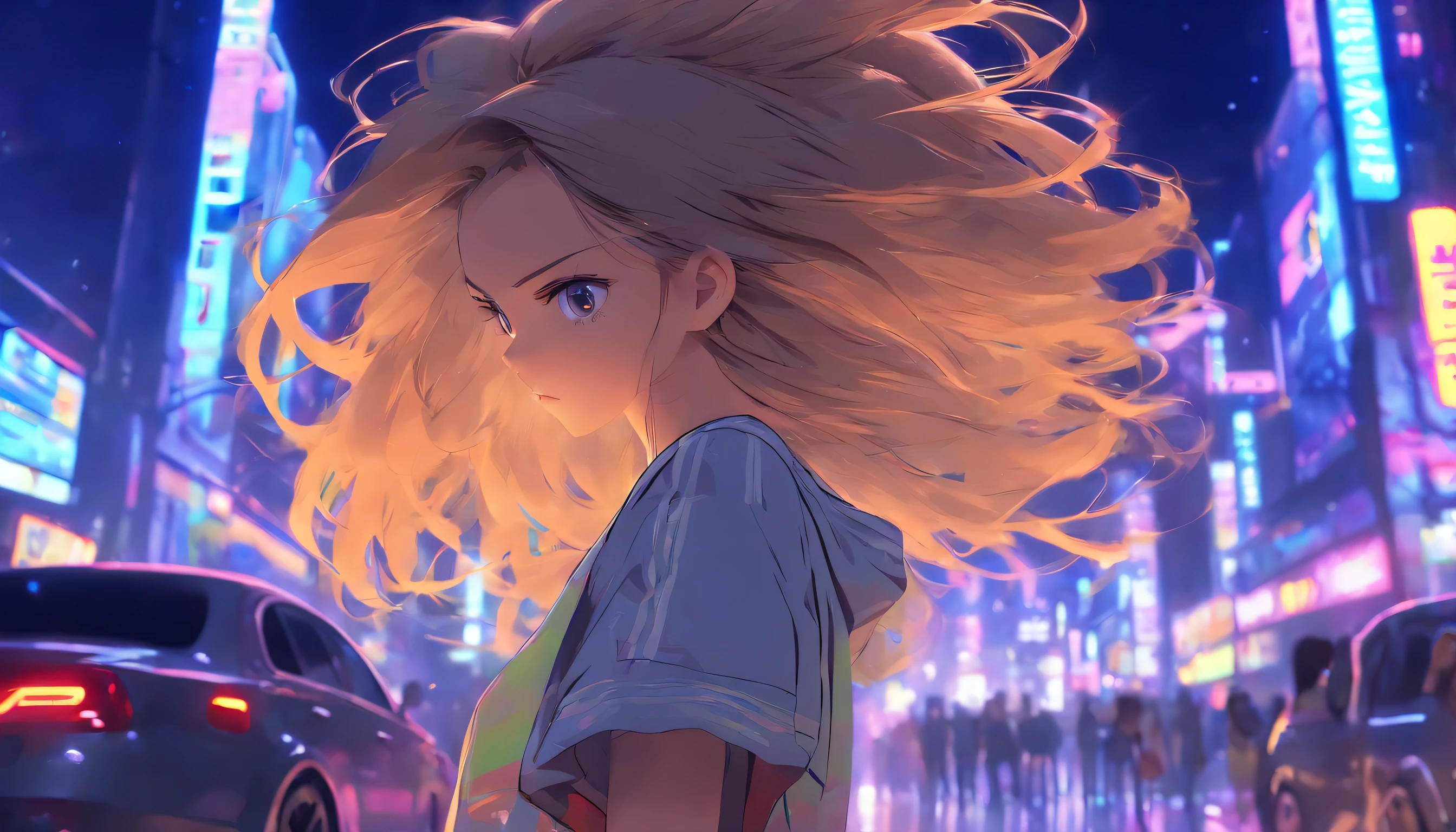 Girl, look at sky, light-brown long hair, hair in wind, skinny pants, grey shirt, Adidas Garden Se, night weather, urban center, neonlight, Background characters and cars