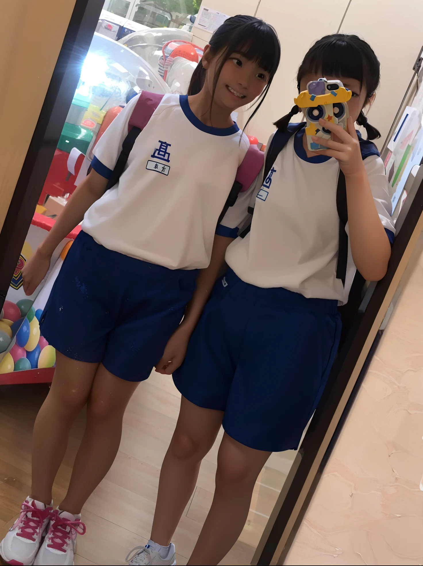 very real、Top resolution、8K、fully body photo、hi-school girl、15 years old、Soio、cute little、A dark-haired、Hide in shorts in short-sleeved white gym clothes、Navy Shorts、Running、Fluid movement、fully body photo、 front-facing view、