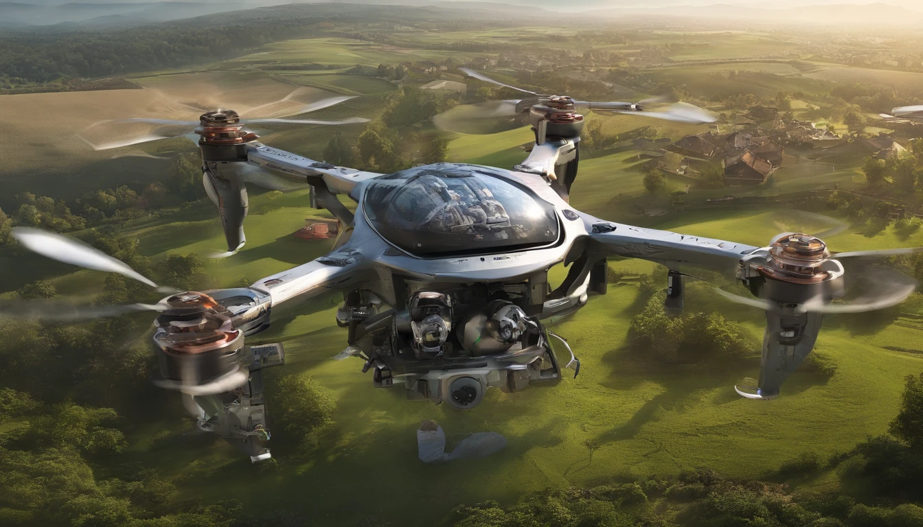 The quadcopter flew over farmland,cyber punk style,illustration,Flight stability,Unique perspective,Dynamic graphics,Full of technology。