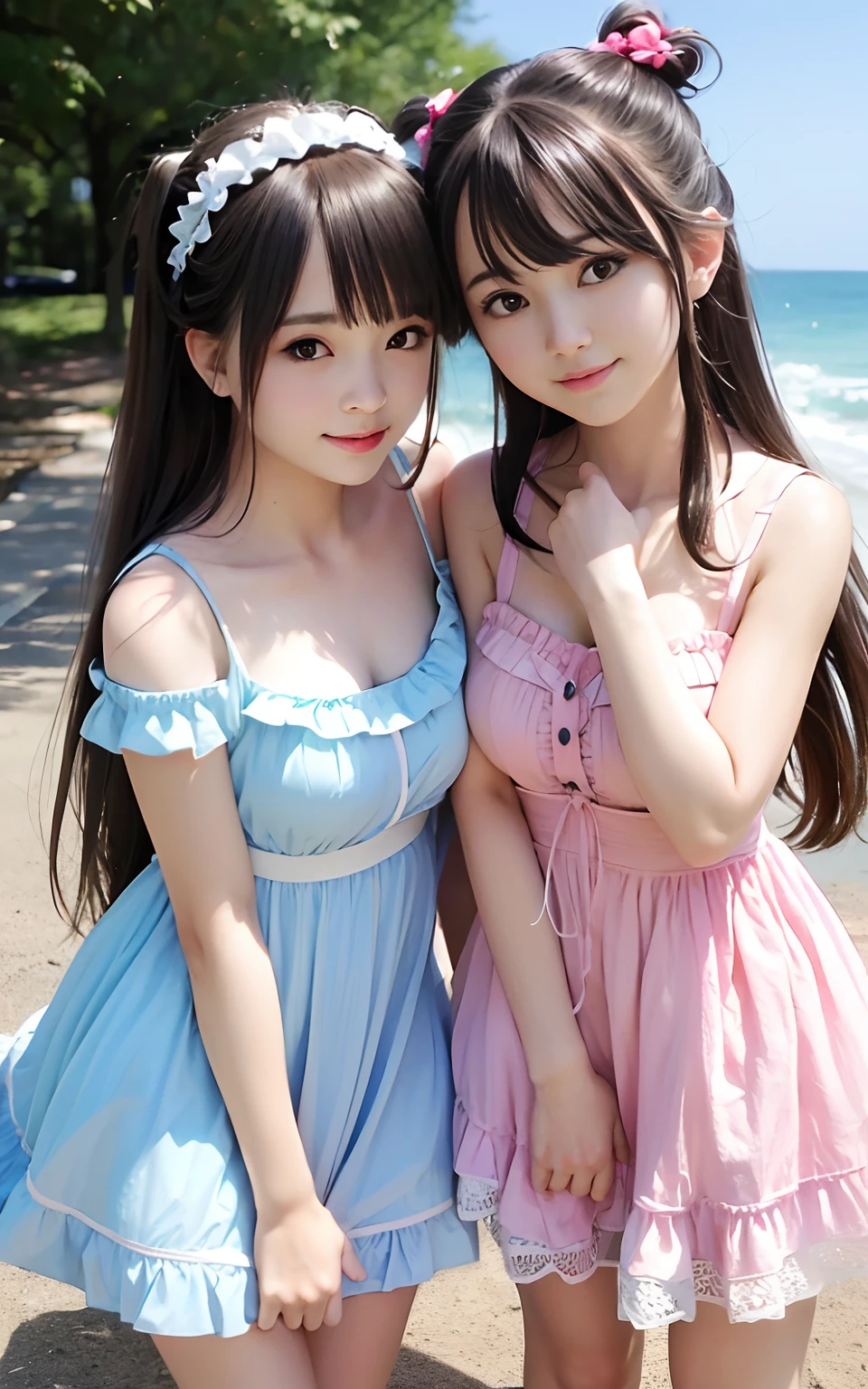 (2girls:1.2) , couple focus, classmates, Adorable, 14years, Upper body, japanaese girl, cheek-to-cheek, Leaning forward,   Ruffled Summer Dresses, Twin-tailed,  Beach,  (Smile:0.9), hair scrunchie, Low contrast, Best Quality, 超A high resolution, photographrealistic, ultra-detailliert, 8K, Raw photo, (downbrouse:1.0),