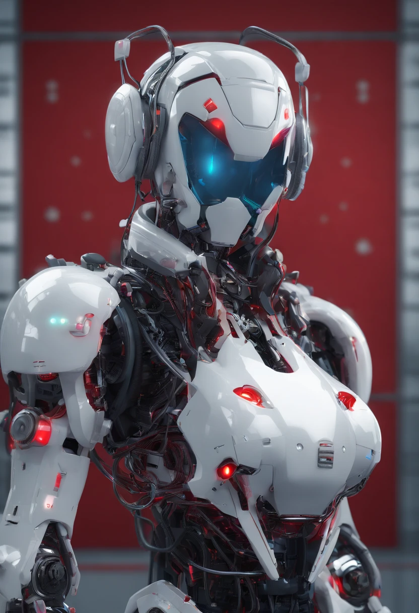 Alice, Anime art style, 1girll, Solo, Breasts, Looking_at_peeping at the viewer, Smile, short_Hair, Open_Mouth, Large_Breasts, Red_Eyes, Hair_between_Eyes, The upper part of the body_Body, White_Hair, :D, Blurry, Chef