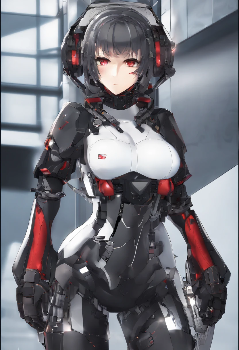 Alice, Anime art style, 1girll, Solo, Breasts, Looking_at_peeping at the viewer, Smile, short_Hair, Open_Mouth, Large_Breasts, Red_Eyes, Hair_between_Eyes, The upper part of the body_Body, White_Hair, :D, Blurry, Chef