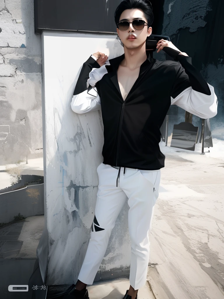 a man in a black shirt and white jacket standing next to a wall, .ai, with ai theme, ( ( god king of ai art ) ), portrait of an ai, trending on artistation, best ai image, the ai, ai art, digital art, digital art, ( ( bit flip | god of ai art ) ), god king of ai art