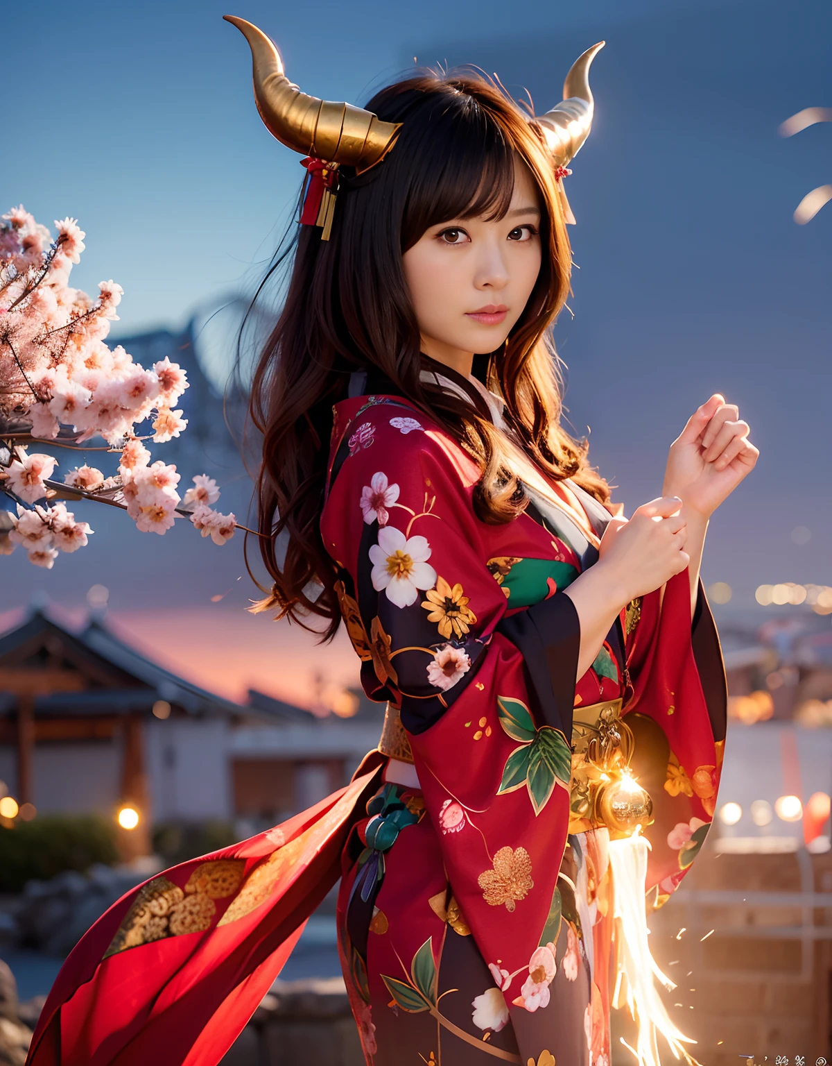 ((World of Darkness)),Professional , masterpiece、top-quality、photos realistic , depth of fields 、(sexypose)、(Background of cherry blossoms in full bloom),(Ultimate Beauty)、A dark-haired、(White bikini armor)、(Kimono with beautiful pattern)、(Night background)、((a dark night)),(Wear a beautiful kimono),(Wear a beautiful kimono with colorful floral patterns)、Jewel Gold Weapon、Particles of light),(Has a devil's mask)、Gorgeous gold weapons ,(( Gorgeous Dragon Sword)) , (a dark night),,(maikurobikini) 、((Black Haired Beautiful Girl))、(Castle background)、(demonic wings)、((Gangle's forest background))、Beautiful Caucasian beauty、1a person、dynamic ungle,(((Two devil's horns on the head)))、Smaller head、Idle Smile、Thin and beautiful female hands、Mystical expression、Light Effects、intense fighting、Wind-effect、magic circles、With the legendary magic wand、Dragon's tail、