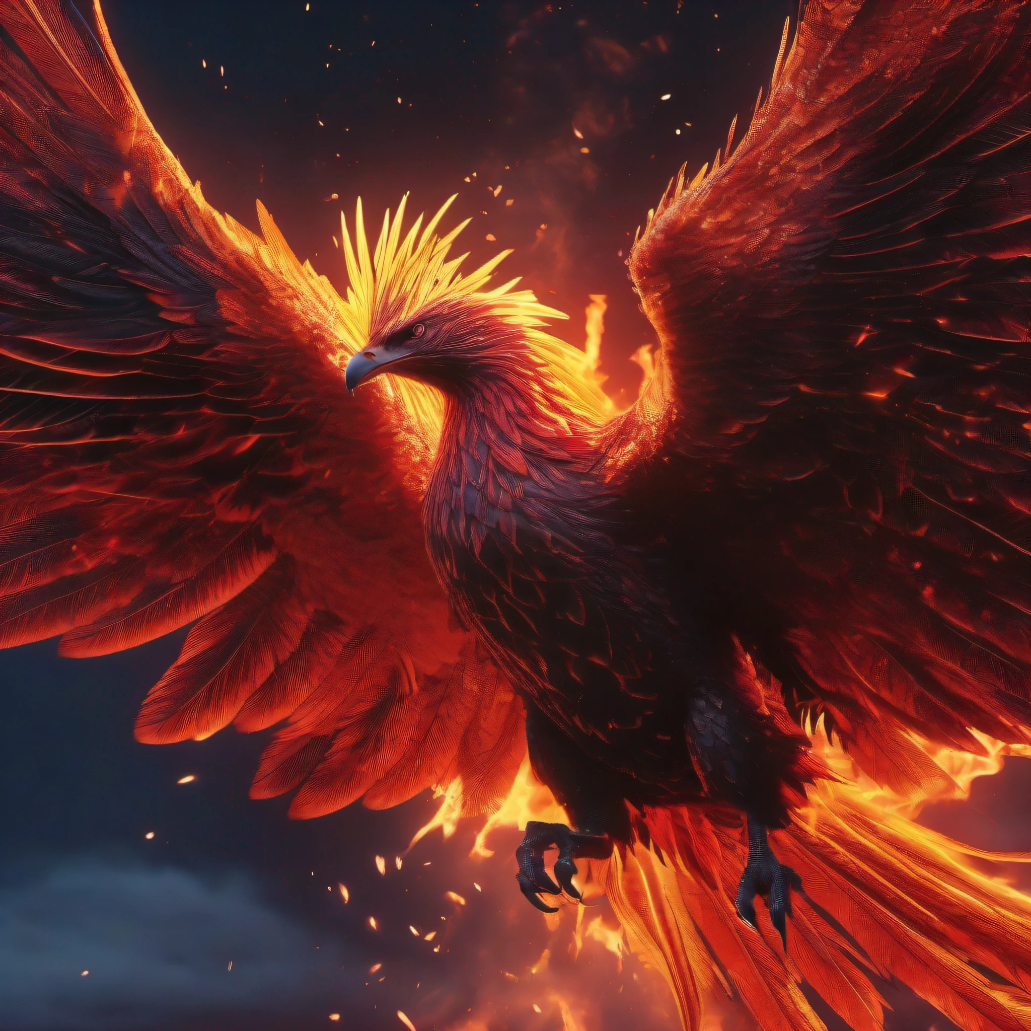 Masterpiece、high-detail、A hyper-realistic、((A world of black and red like a pitch-black night、A giant phoenix made of flames born from the bright red magma of a volcanic crater flapping its wings in flames、Lightning connects the crater to the sky)):1.9、Highly detailed background，Realistic，ultra-detailliert，super detailed skin，light glow，Film grain，Expro II，Lens Flare，Sharpen，cinematic shadow