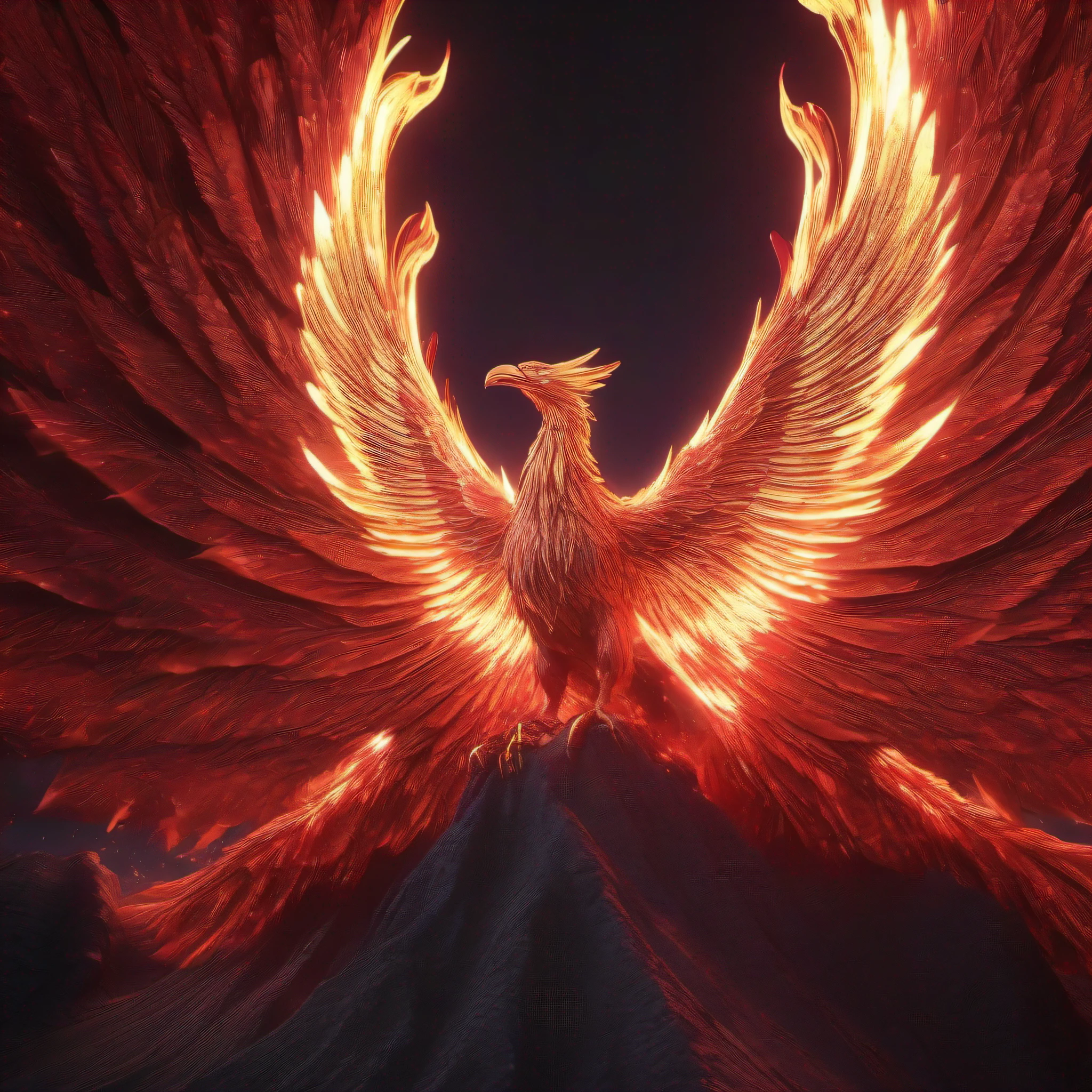 Masterpiece、high-detail、A hyper-realistic、((A world of black and red like a pitch-black night、A giant phoenix made of flames born from the bright red magma of a volcanic crater flapping its wings in flames、Lightning connects the crater to the sky)):1.9、Highly detailed background，Realistic，ultra-detailliert，super detailed skin，light glow，Film grain，Expro II，Lens Flare，Sharpen，cinematic shadow