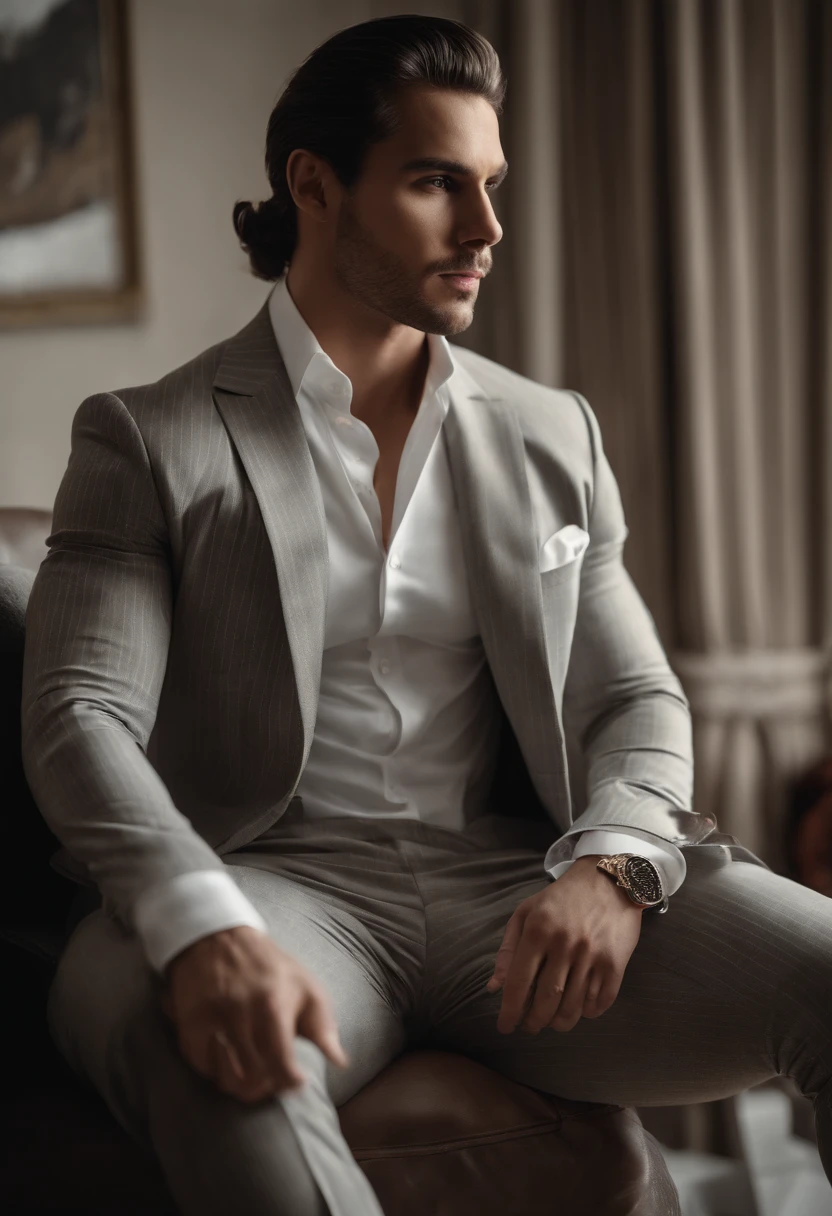 A 36 year old man, bearded, very Handsome, blonde, blue eyes, muscled, Hairy body,white sock,Ultra-thin tights(Detailed eyes:1.3),Naked topless,Nudity Everywhere,Black eyes,massive bulge,Black hairs protruding from the bulge,full body Esbian,Character sitting on a chair with arms raised, Dark hair (neck-length hair tied in a ponytail,), Nice Pose, Handsome man, Pretty Face, royal elegant pose, businessman, (In a striped blazer), (The surrounding environment is a luxurious and classic living room) (Sandtone imagery) Alexander Skarsgård face lookalike, Filip Lamprecht face lookalike, ultra realistic, royalty prince looking, old money aesthetic, Swedish looking, Joel Kinnaman lookalike, classy suit, Rolex, classic car in the background, royalty looking, wearing Ralph Lauren suit