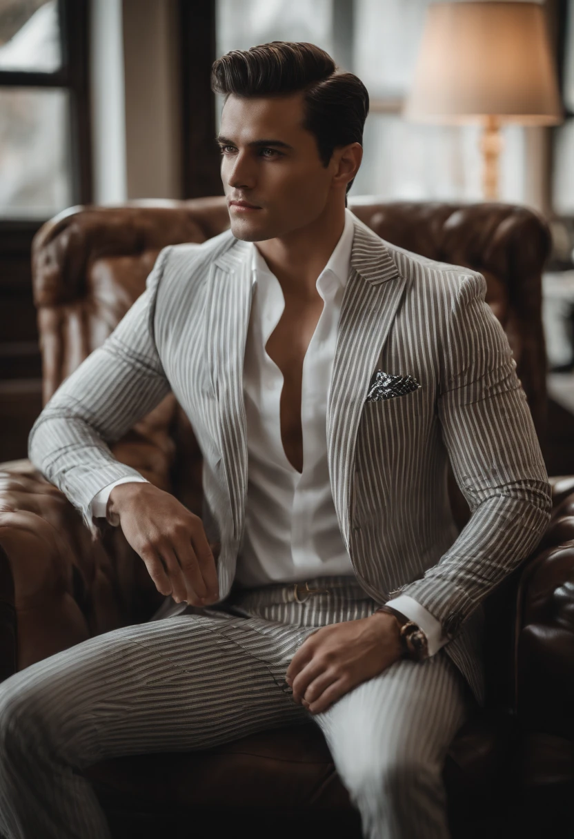 A young man，Handsome，well-muscled，Hairy body，white sock，Ultra-thin tights（Detailed eyes：1.3），Naked topless，Nudity Everywhere，Black eyes，massive bulge，Black hairs protruding from the bulge,full body Esbian，Character sitting on a chair with arms raised, Dark hair (neck-length hair tied in a ponytail,), Nice Pose, Handsome man, Pretty Face, royal elegant pose, businessman, (In a striped blazer), (The surrounding environment is a luxurious and classic living room) (Sandtone imagery)