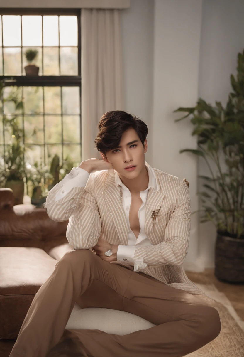 A young man,Handsome,well-muscled,Hairy body,white sock,Ultra-thin tights(Detailed eyes:1.3),Naked topless,Nudity Everywhere,Black eyes,massive bulge,Black hairs protruding from the bulge,full body Esbian,Character sitting on a chair with arms raised, Dark hair (neck-length hair tied in a ponytail,), Nice Pose, Handsome man, Pretty Face, royal elegant pose, businessman, (In a striped blazer), (The surrounding environment is a luxurious and classic living room) (Sandtone imagery)