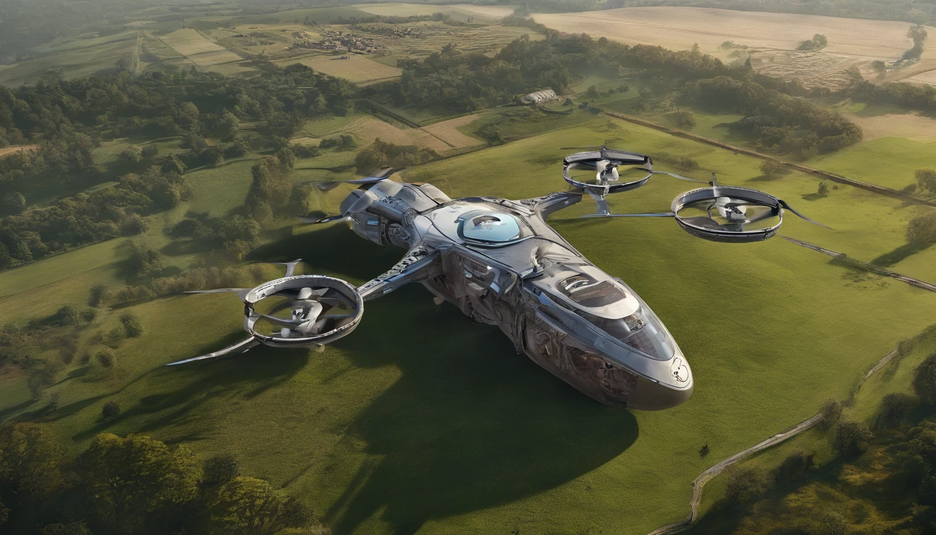 The quadcopter flew over farmland,cyber punk style,illustration,Flight stability,Unique perspective,Dynamic graphics,Full of technology。
