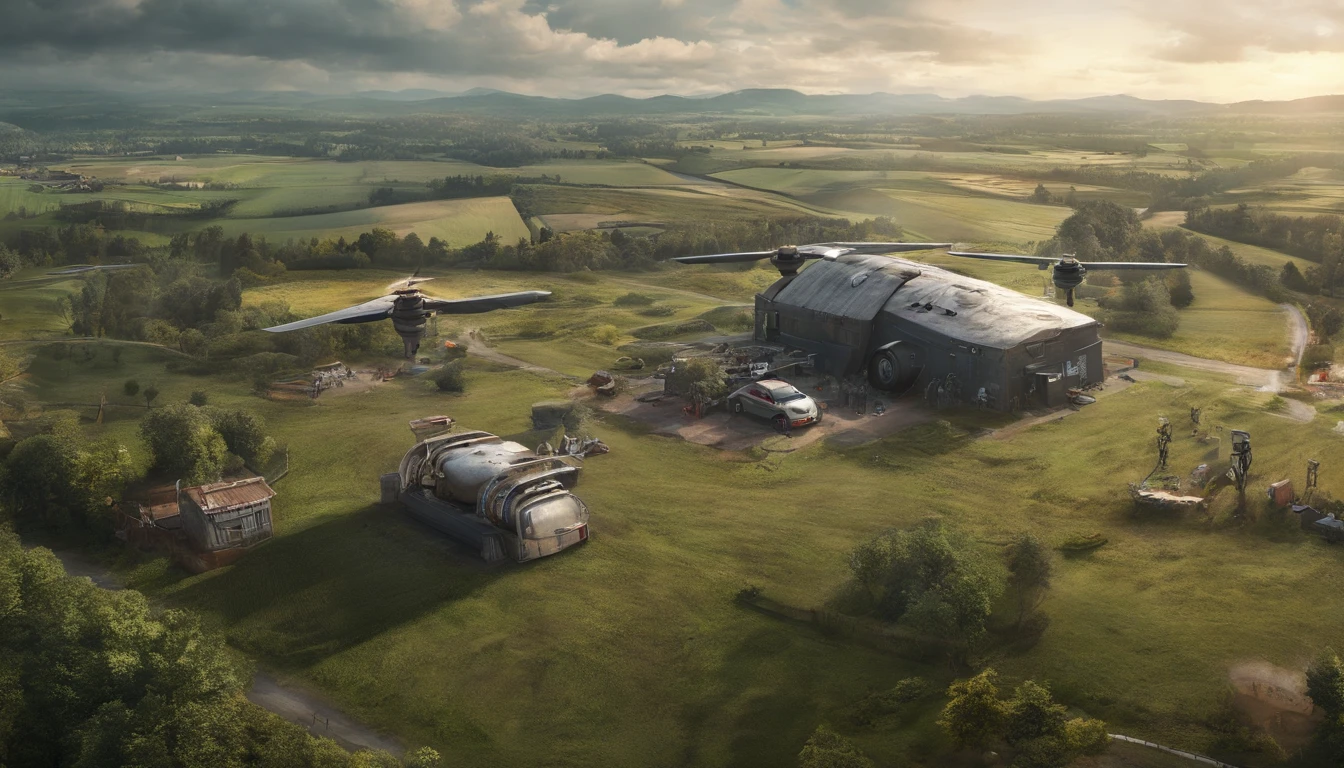 The quadcopter flew over farmland,cyber punk style,illustration,Flight stability,Unique perspective,Dynamic graphics,Full of technology。