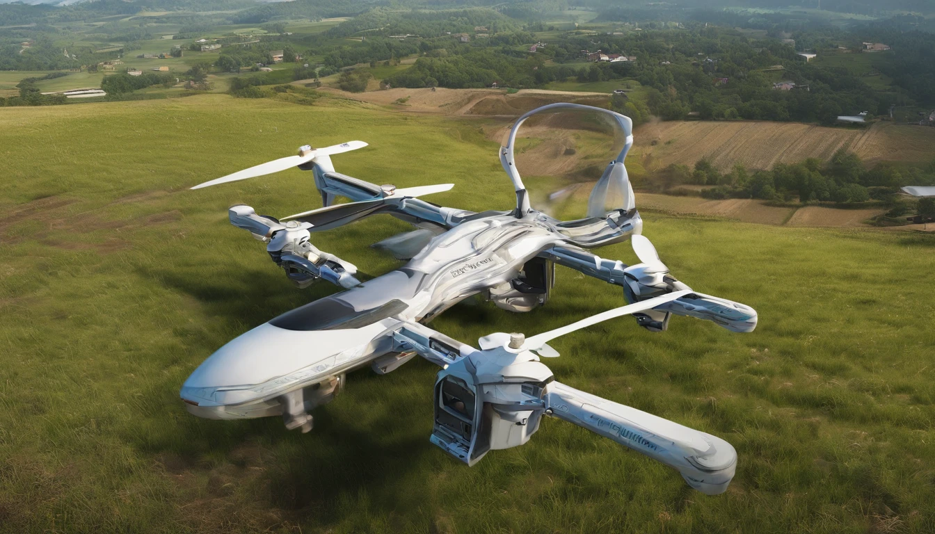 The quadcopter flew over farmland，cyber punk style，illustration，Flight stability，Unique perspective，Dynamic graphics，Full of technology。