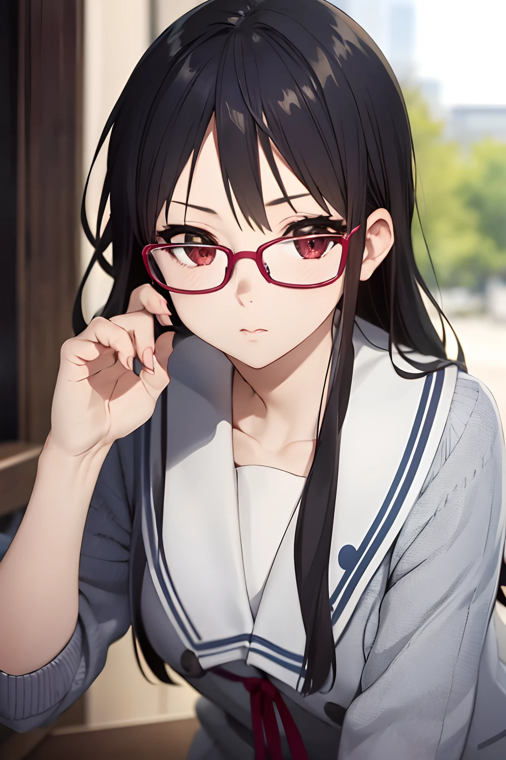 masterpiece, (best quality), 1woman,1girl ,mitsuki_nase,  black hair, long hair, red eyes, brown eyes, white shirt,serafuku, cardigan ,sexy woman, closed clothes,  blush, vibrant colors ,natural lighting  ,RTX,  , beautiful, (detailed face:1.2), medium breasts, showcase, (perfect eyes:1.1) ,(photorealistic:1.1), 8k uhd,  looking a viewer, outdoors,  simple backround, (perfect fingers), (rimless eyewear:1.2)