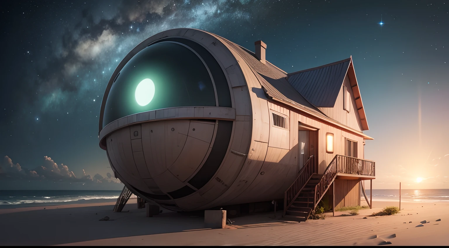 Gere uma imagem realista, contendo dois personagens: a realtor man and a green extraterrestrial;. They should be on the planet Mars.
Must contain a house with Brazilian construction standard and, ao fundo da casa, It should be easy to see the space. O corretor e o extraterreste devem estar na frente da casa.
Adicione uma nave ao fundo, com leve desfoque.