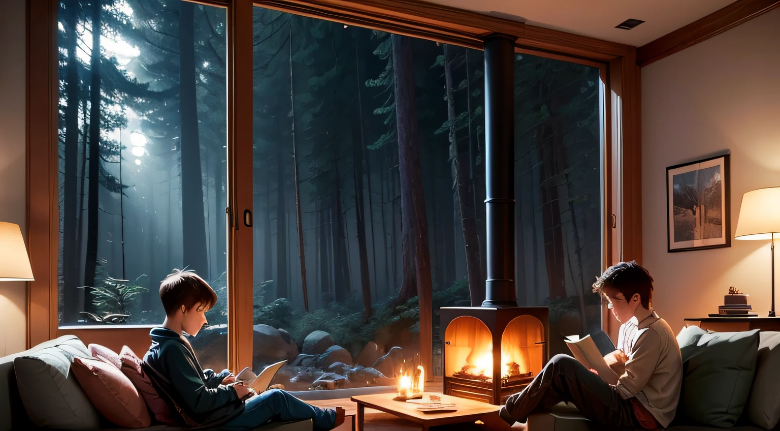 a living room full of windows in a dense forest at night. A boy is sitting on the couch reading a book and two cats are sitting by the fireplace