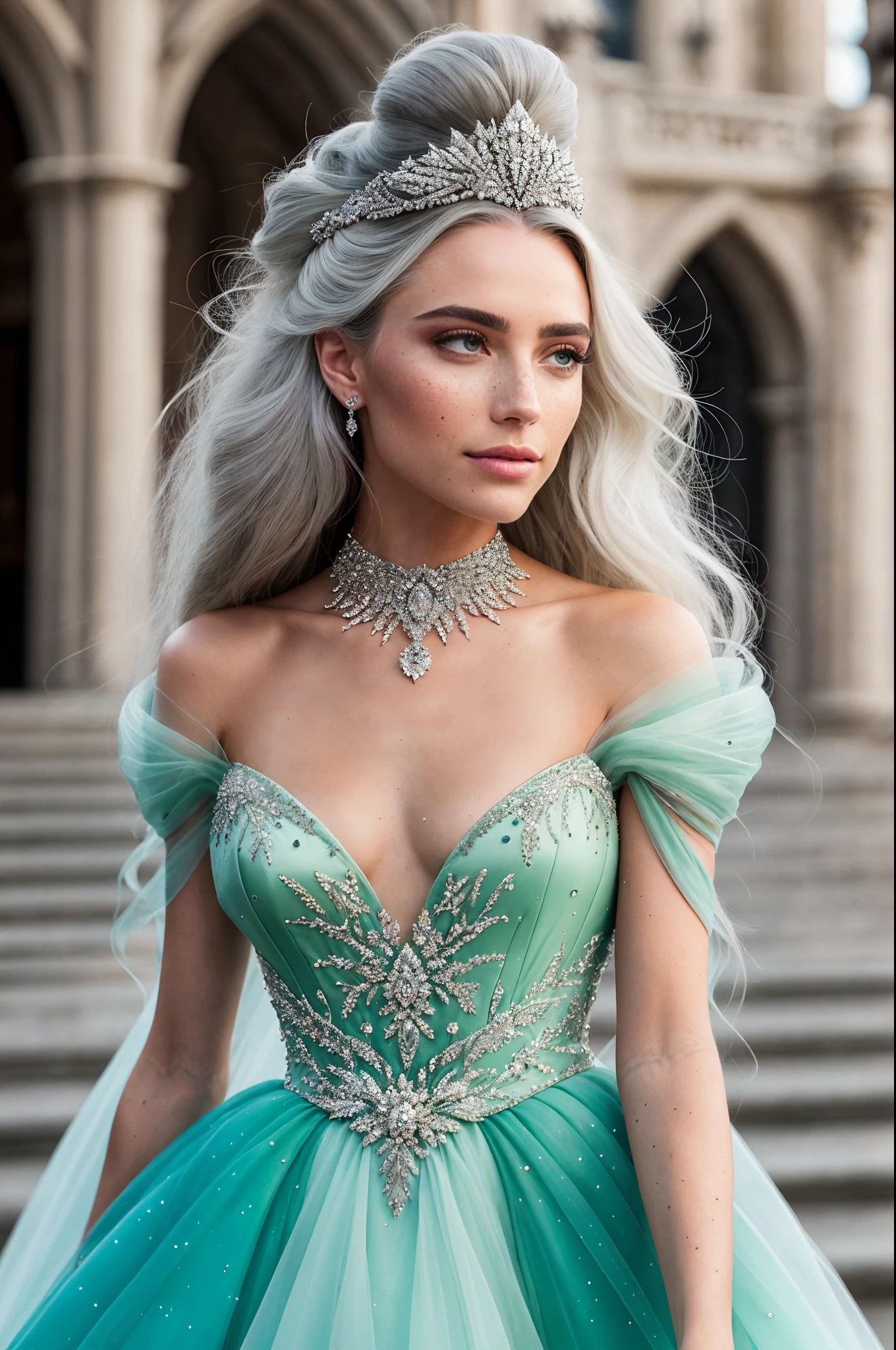 a close-up photography  of a elegant Princess with very long (windblown:1.1) ombre platinum white hair, disbelief, flat sagging breasts with long ,
she is strolling in Cinderella castle, she is wearing a beautiful multiple stitched layers green ballgown with black accent, encrusted with jewels, intricate pattern, detailed, hair accessory
glamour model,  (textured skin, skin pores:1.1), (moles:0.8), imperfect skin, goosebumps, flawless face, (light freckles:0.9), windy, (night:1.1), dark theme, star, moonlit