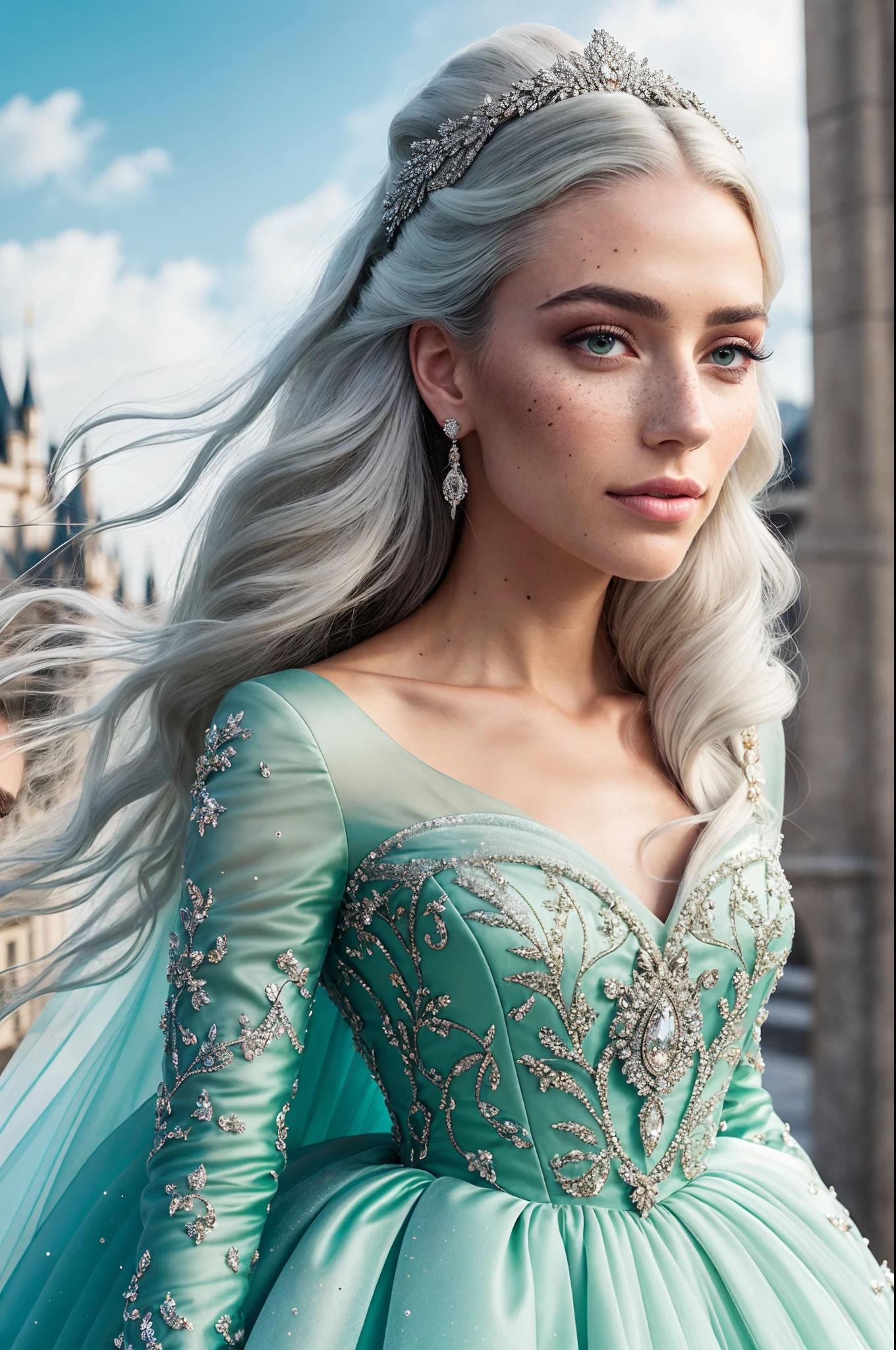 a close-up photography of a elegant Princess with very long (windblown:1.1) ombre platinum white hair, disbelief, flat sagging breasts with long ,
she is strolling in Cinderella castle, she is wearing a beautiful multiple stitched layers green ballgown with black accent, encrusted with jewels, intricate pattern, detailed, hair accessory
glamour model, (textured skin, skin pores:1.1), (moles:0.8), imperfect skin, goosebumps, flawless face, (light freckles:0.9), windy, (night:1.1), dark theme, star, moonlit