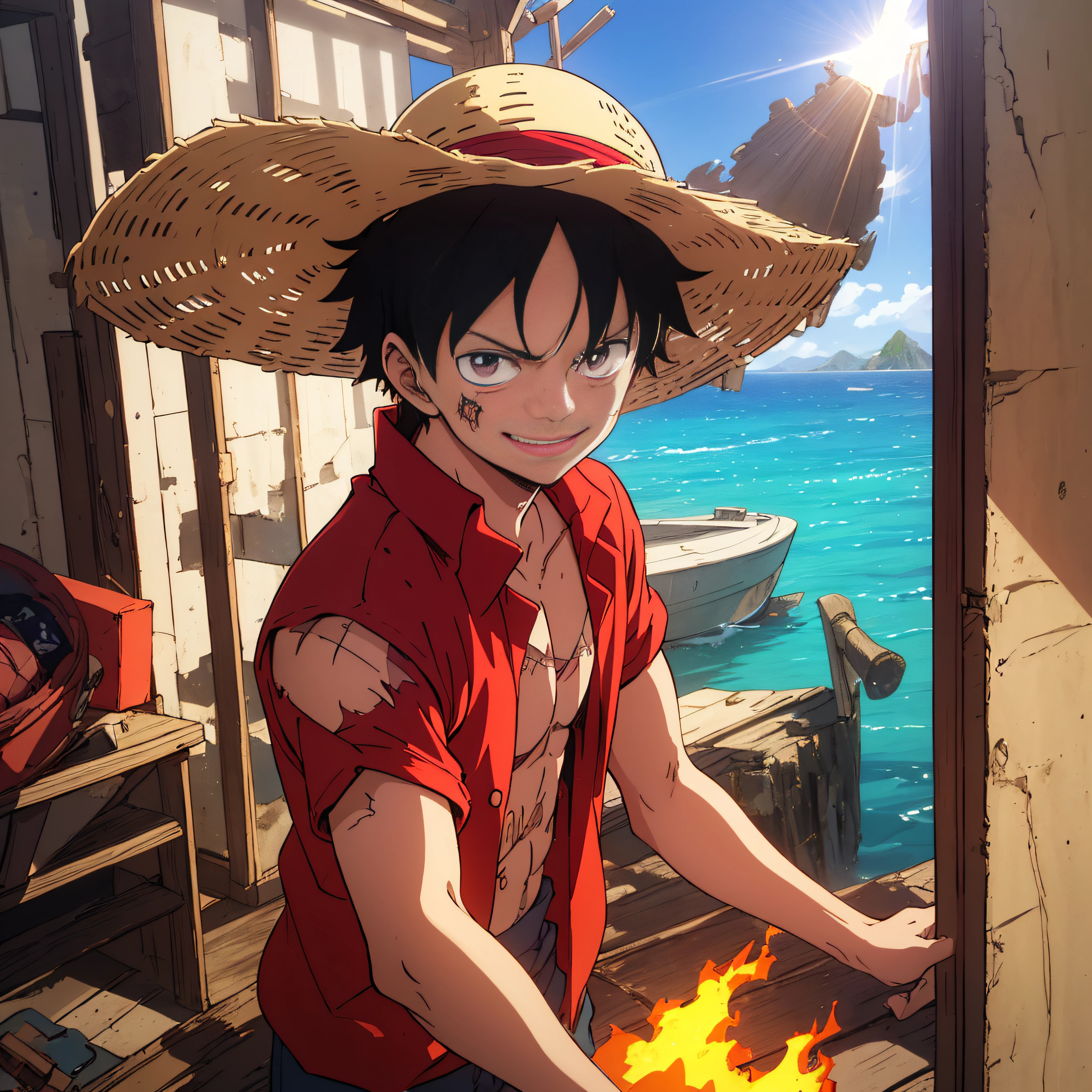1boys, wanostyle, monkey d luffy, Smiling, Straw hat, look viewer, 独奏, Upper body, ((masterpiece)), (Best quality), (Extremely detailed), Depth of field, sketch, dark intensive shadows, Sharp focus quality, hdr, Colorful, Good composition, There were fires all around, spectacular, Closed shirt, Anime screenshots, Scars under the eyes, getting ready to fight, Dark eyes,deep of field,Sea backgroun,ship,sunrays,Red clothes, Amazing scenery.