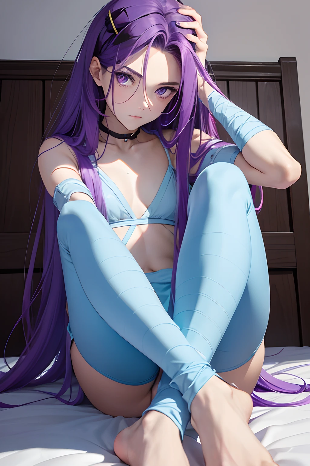 He has emphasized the forehead purple hair the length of his collarbone, Inwave Long, Leave two tufts of hair surrounding the face. Pure, He has bright purple eyes. Crouching on the bed, Wrap your entire right arm with bandages. He wears light blue armor with bare feet and leggings on his legs.