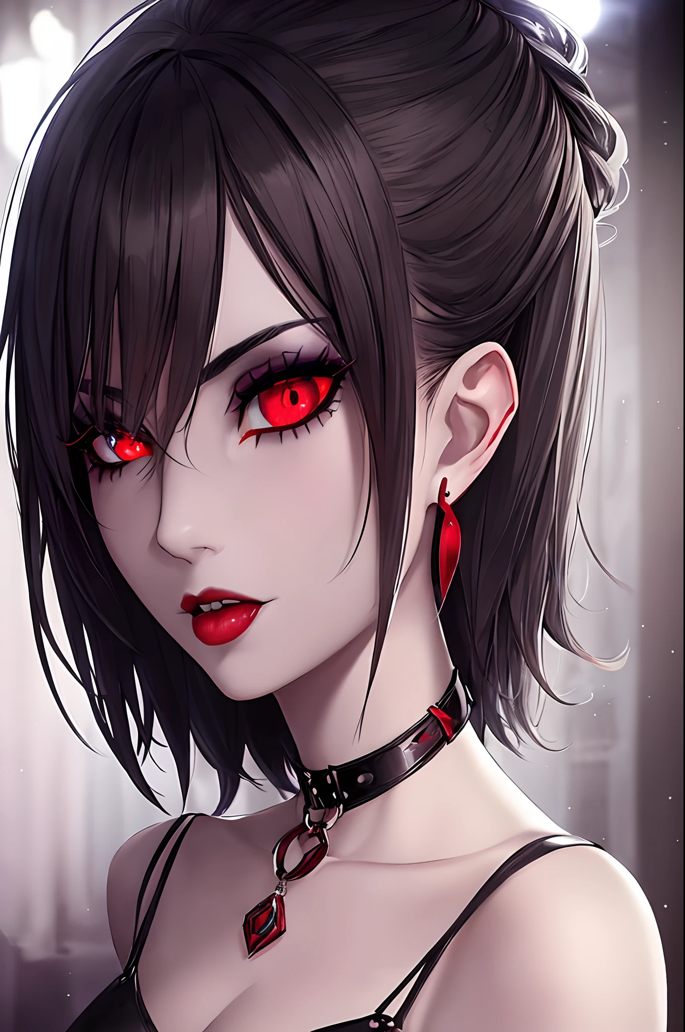 (Tim Burton gothic art style), (focus light), dim lit scenery, redlight district, (dim light), (night scene). Goth europian girl, short hair, slim, black choker, sharp face, (kinky harness:1.2), (black eyeliner, black eyewing, black lips), (detailed face and red eyes:1.4), earrings, strappy, (wet skin), (oily skin), deep cleavage, tanned, ultra detailed lips, ultra detailed eyes, ultra detailed nose and ears, collarbone, portrait, photorealistic, realistic details, ultra realistic, wide open mouth, night club in background, red light.