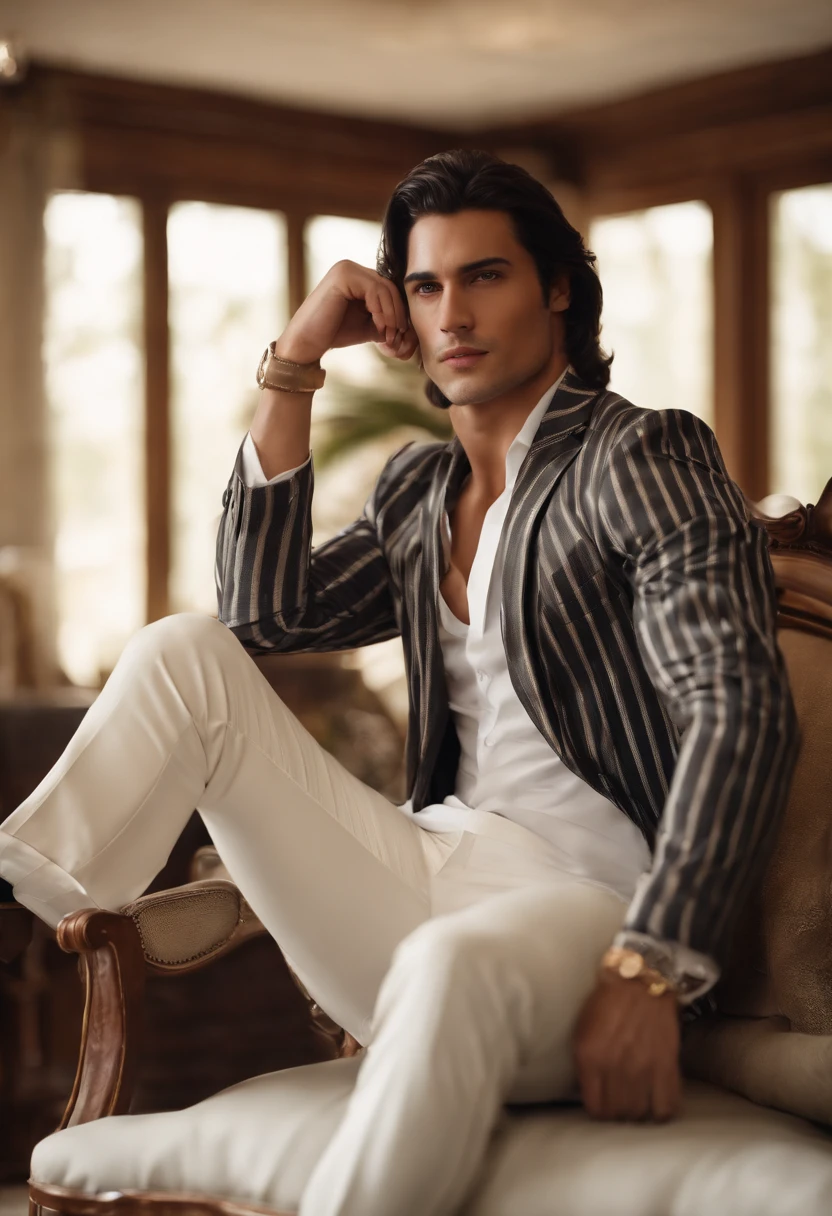 Naked topless，Nudity Everywhere，Black eyes，massive bulge，Black hairs protruding from the bulge,full body Esbian，Character sitting on a chair with arms raised, Dark hair (neck-length hair tied in a ponytail,), Nice Pose, Handsome man, Pretty Face, royal elegant pose, businessman, (In a striped blazer), (The surrounding environment is a luxurious and classic living room)