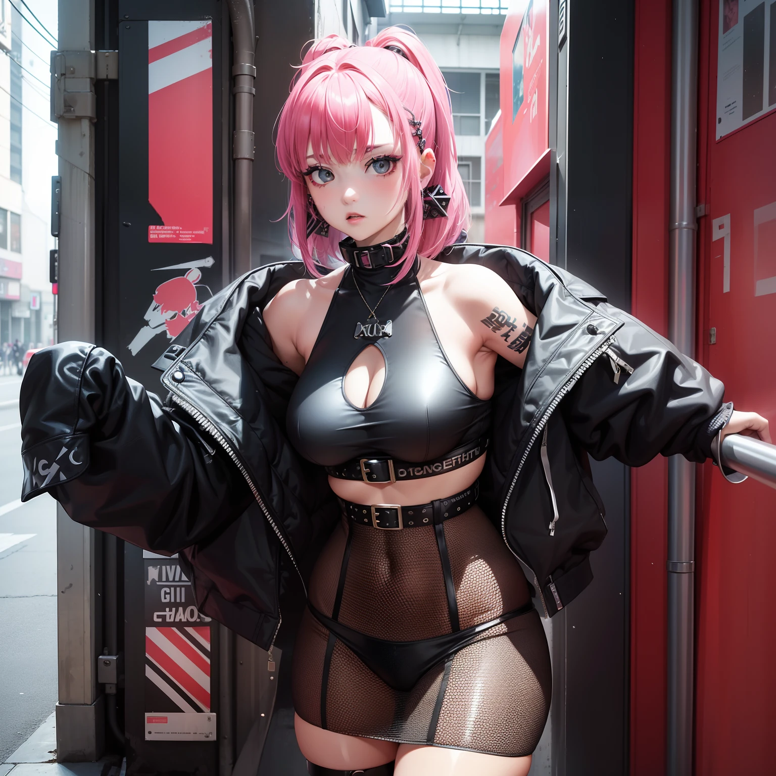 (masuter piece:1.2、top-quality)、(Live action、Intricate details)、(1lady、独奏、The upper part of the body、Colossal tits) garments: Edgy、Avant-garde、Experimental appearance: Shaved head or bold hair color、Dramatic makeup、Unconventional fashion choices behavior: Rebel、Runaway Ladies Leader、secretary-general、Black jumper、Pink mini skirt、Anti-system、Provocative Location: urban art district、Underground Music Scene Hobbies: Take part in punk shows、Create mixed media art、Experiment with different subcultures values: individuality、authenticity、Creative Expression Inspiration: Punk rock music、Counterculture icons、avant-garde art movements Personality traits: boldness、boldness、Unconventional。