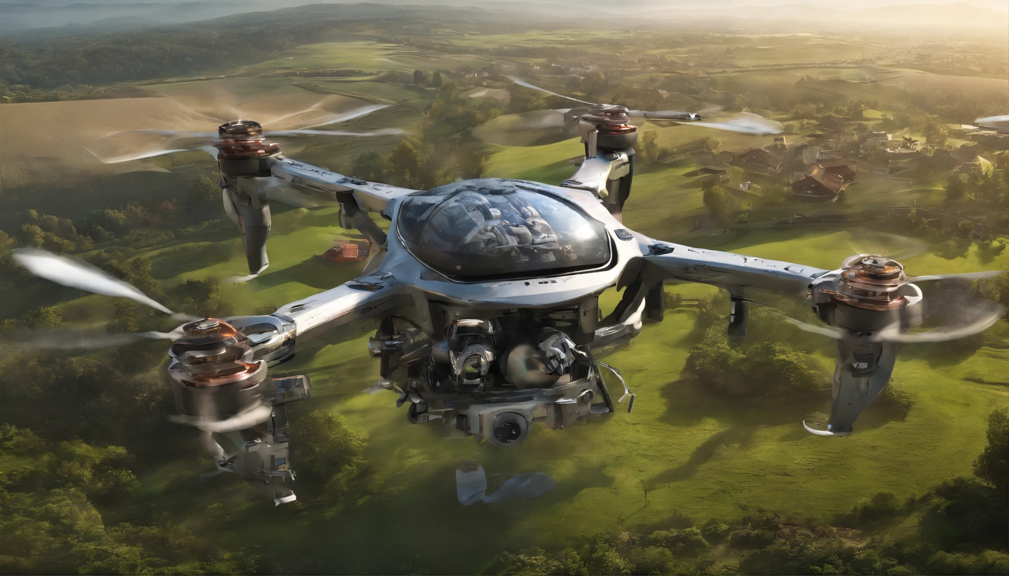 The quadcopter flew over farmland,cyber punk style,illustration,Flight stability,Unique perspective,Dynamic graphics,Full of technology。