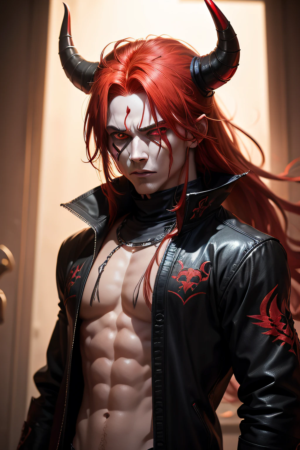 Red-haired male demon with human features and clothes and a horn and wing and black skin facing with scary face