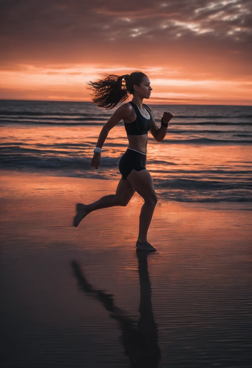 (Best quality,8K,A high resolution,Masterpiece:1.2),Ultra-detailed,(Realistic,Photorealistic,photo-realistic:1.37),A girl in bright yoga shorts runs gracefully on the beach. Her symmetrical figure is outlined by elegant lines, Her black hair fluttered in the wind. The sea breeze caressed her skin, A soft golden glow illuminated her smile. She exudes health and vitality, Find strength and joy in running. Every step she takes on the beach forms a beautiful arc, Blend seamlessly with nature. Her beauty is mesmerizing, Every breath she breathes exudes confidence and happiness. The scene of this girl in yoga shorts running by the sea，Like a fascinating masterpiece, Make people fascinated by its beauty.