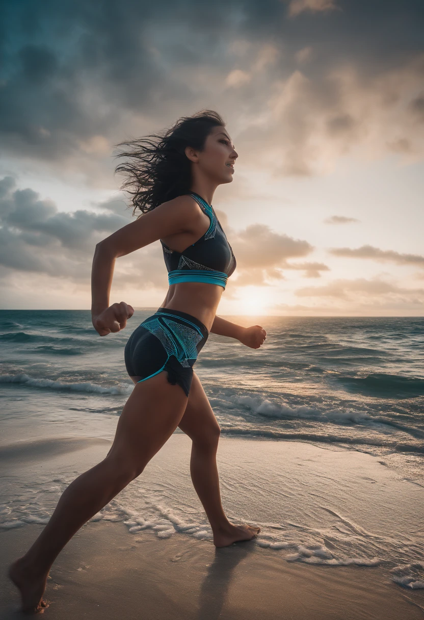 (Best quality,8K,A high resolution,Masterpiece:1.2),Ultra-detailed,(Realistic,Photorealistic,photo-realistic:1.37),A girl in bright yoga shorts runs gracefully on the beach. Her symmetrical figure is outlined by elegant lines, Her black hair fluttered in the wind. The sea breeze caressed her skin, A soft golden glow illuminated her smile. She exudes health and vitality, Find strength and joy in running. Every step she takes on the beach forms a beautiful arc, Blend seamlessly with nature. Her beauty is mesmerizing, Every breath she breathes exudes confidence and happiness. The scene of this girl in yoga shorts running by the sea，Like a fascinating masterpiece, Make people fascinated by its beauty.
