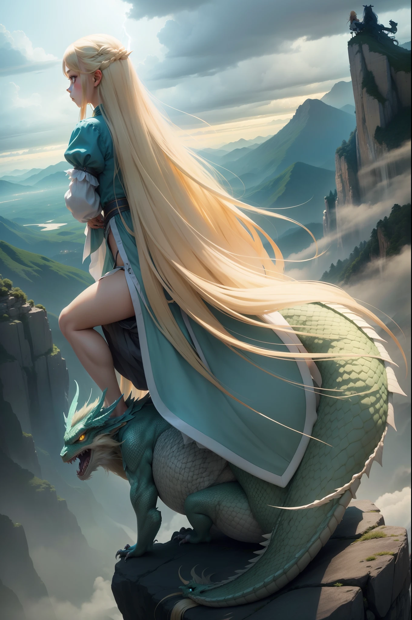 Girl straddling the back of a flying dragon、Long blonde hair fluttering in the wind、Lightning glows in a cloudy sky、The dragon wriggles its body into the mountain々Move between、high-level image quality、Cinematic style、
