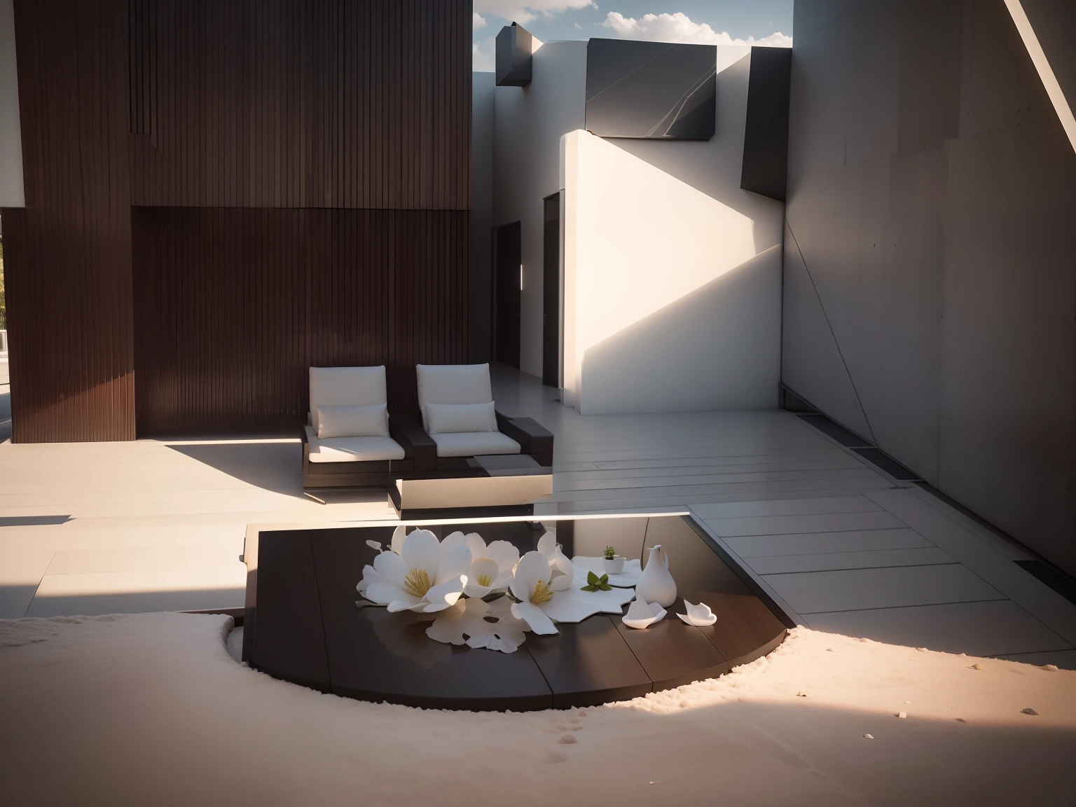 (Best Quality,4K,8K,hight resolution,masutepiece:1.2),Ultra-detailed,(Realistic,Photorealistic,Photorealsitic:1.37),Futuristic contemporary home, Interior space、livingroom、,sleek design, huge window,  Minimalist architecture, Sharp edges, Clean lines, Seamless integration with the environment, Space with courtyard, nature environment, Bright blue sky, and abundant natural light, Sunlight room, dynamic compositions, High-tech materials, Minimalistic interior design、 The opening is glass, Sophisticated lighting, Dramatic shadows, Impeccable craftsmanship, Luxurious atmosphere, Grand Entrance Door, wide々and open layouts, The courtyard is in the center、 The perfect balance between simplicity and elegance, striking contrast, Minimalistic color palette, Monochrome tone, Bold accents, Cutting-edge technology, Smart Home Systems, State-of-the-art appliances, evocative atmosphere, Contemporary Art Works, A harmonious blend of nature and modernity, Quiet and cozy atmosphere.courtyard
