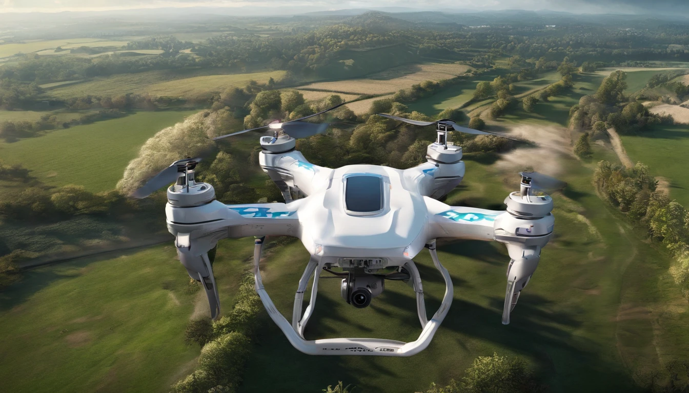 The quadcopter flew over farmland,cyber punk style,illustration,Flight stability,Unique perspective,Dynamic graphics,Full of technology。