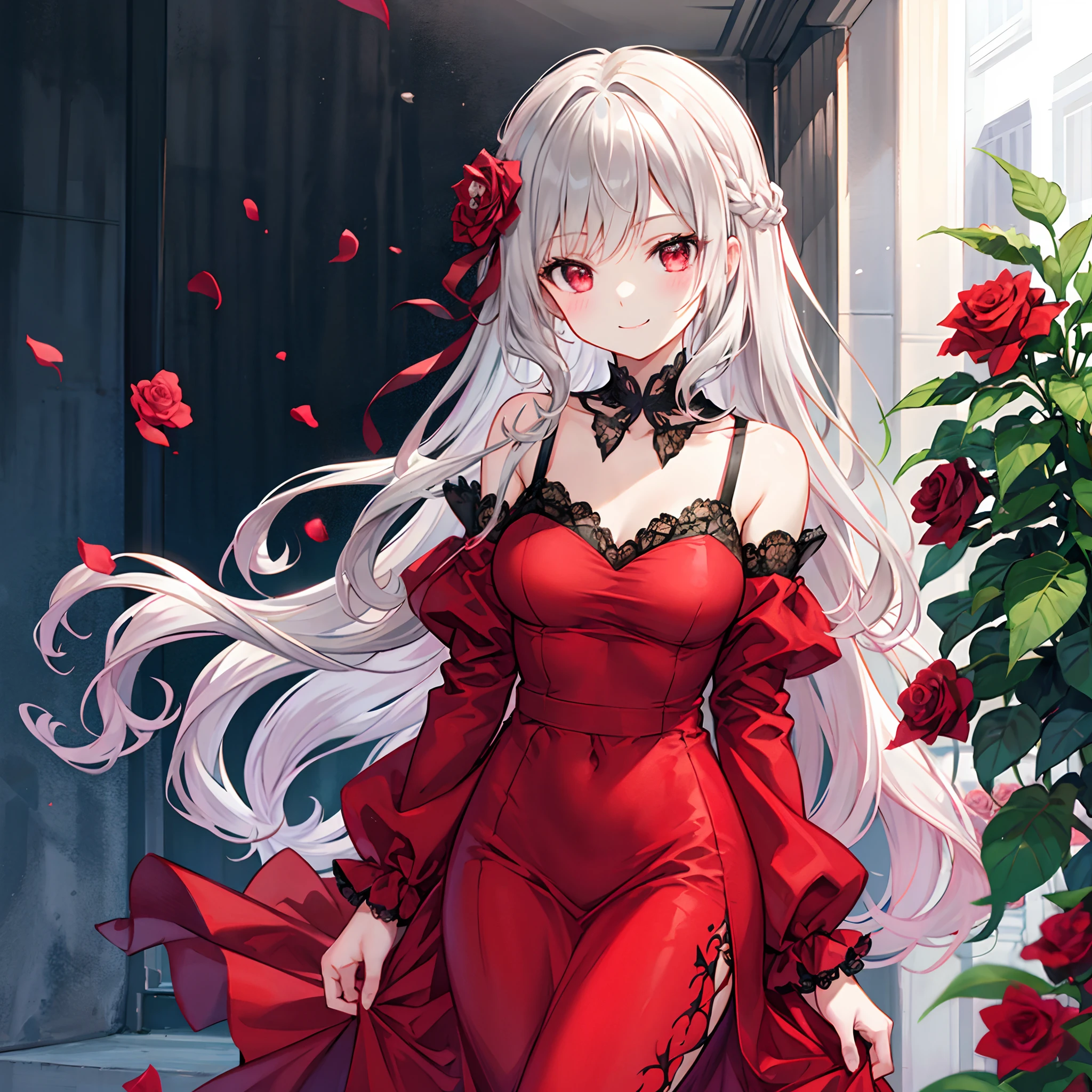 Wavy Gray Hair、red eyes、Beautiful girl alone、Red dress、a smile、rose garden