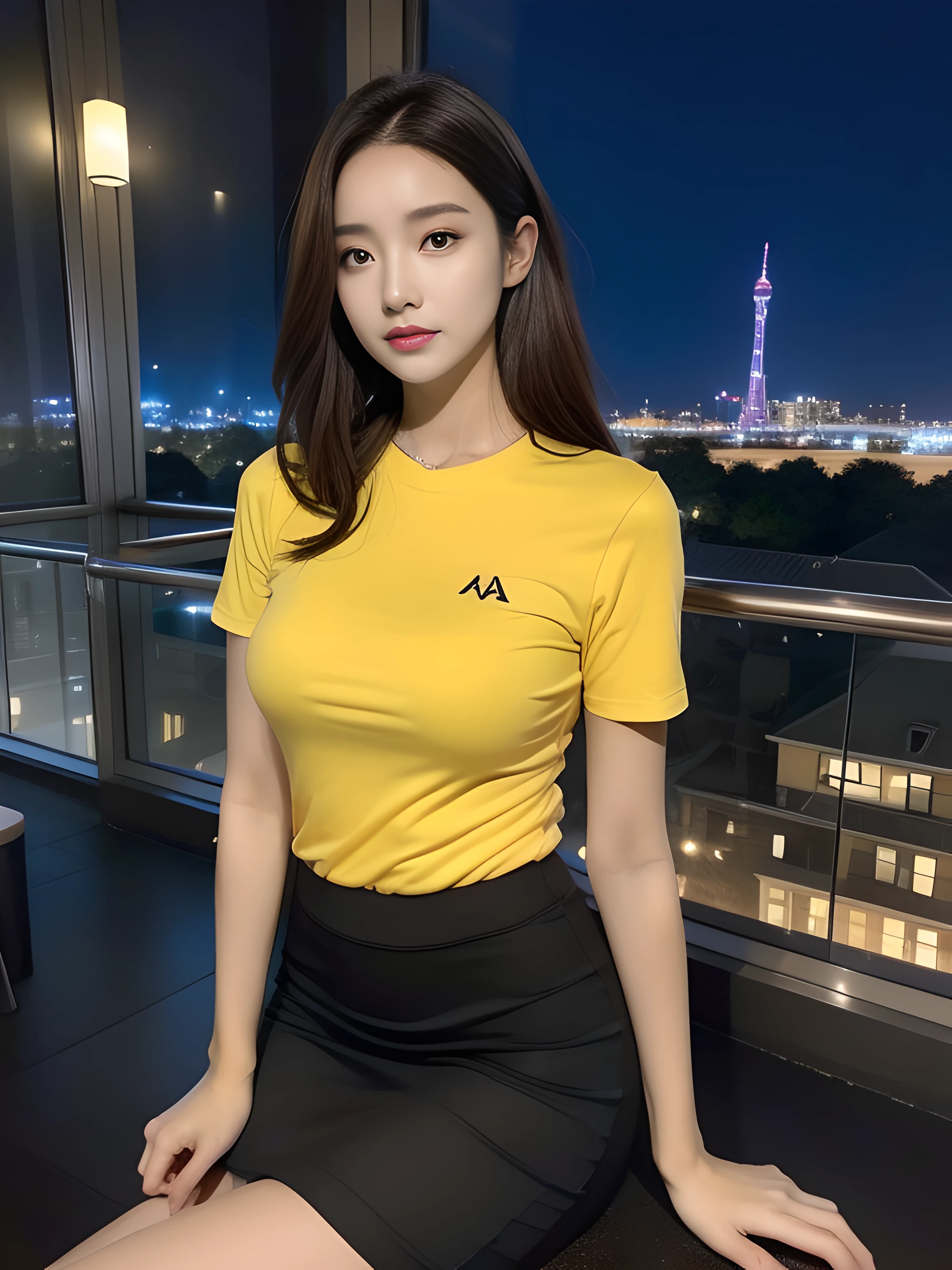 （（midynight， Acura， 8K， tmasterpiece： 1.3））， full bodyesbian， long leges， Focalors： 1.2， perfect figure beautiful woman： 1.4， Slim abs： 1.1， （dark brown  hair，： 1.2 ））， （Goose yellow skinny T-shirt，short  skirt，sitting on a stool： 1.2）， （city night scene， the roof： 1.3））， Highly Detailed Face and Skin Textur， detailedeyes， 二重まぶた，