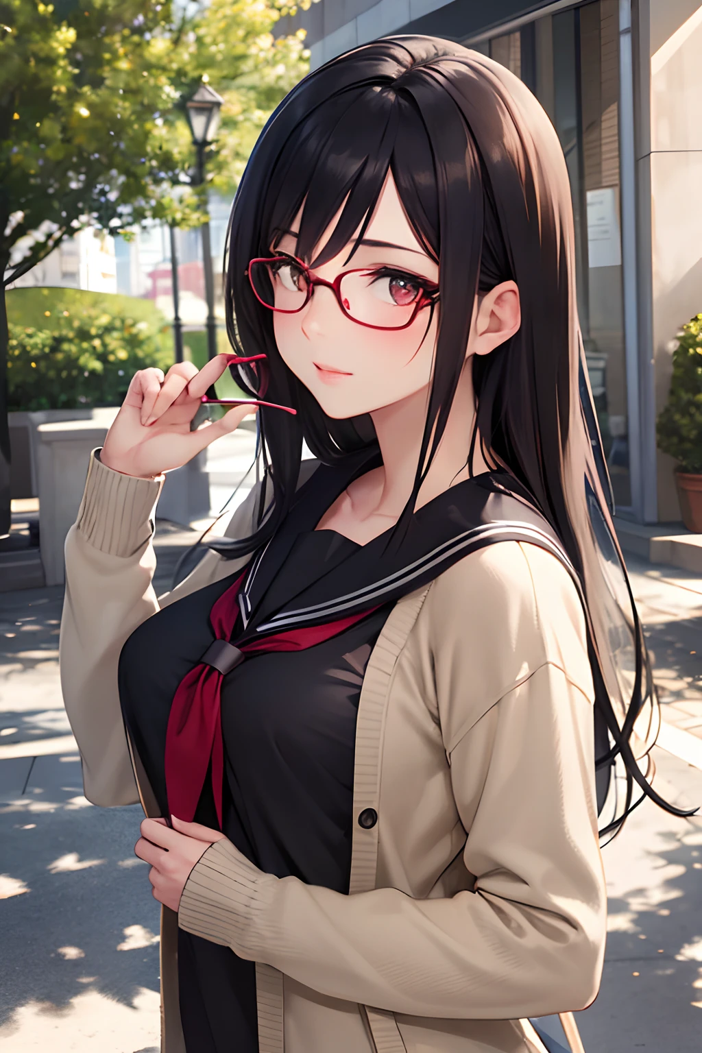 Masterpiece, (Best Quality), 1Woman,1girl ,Mitsuki_nose,  black hair, Long hair, red eyes, Brown eyes, white  shirt,serafuku, cardigan ,sexy woman, closed clothing,  blusher, bright colours ,natural lighting  ,RTX,  , Beautiful, (Detailed Face:1.2), Average Breasts,, showcase, (Perfect eyes:1.1) ,(Photorealistic:1.1), 8K UHD,  looking a viewer, exteriors,  Simple backround, (Perfect fingers), (Frameless glasses:1.2)