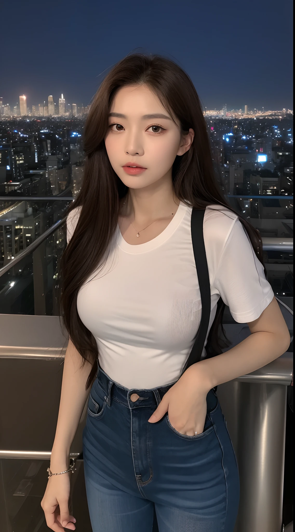 ((Midnight, Best quality, 8k, Masterpiece :1.3)), Whole body, Long legs, Sharp focus :1.2, A pretty woman with perfect figure :1.4, Slender abs :1.1, ((Dark brown hair, Big breasts :1.2)), (White tight tshirt, Jean bib, Standing:1.2), ((Night city view, Rooftop:1.3)), Highly detailed face and skin texture, Detailed eyes, Double eyelid