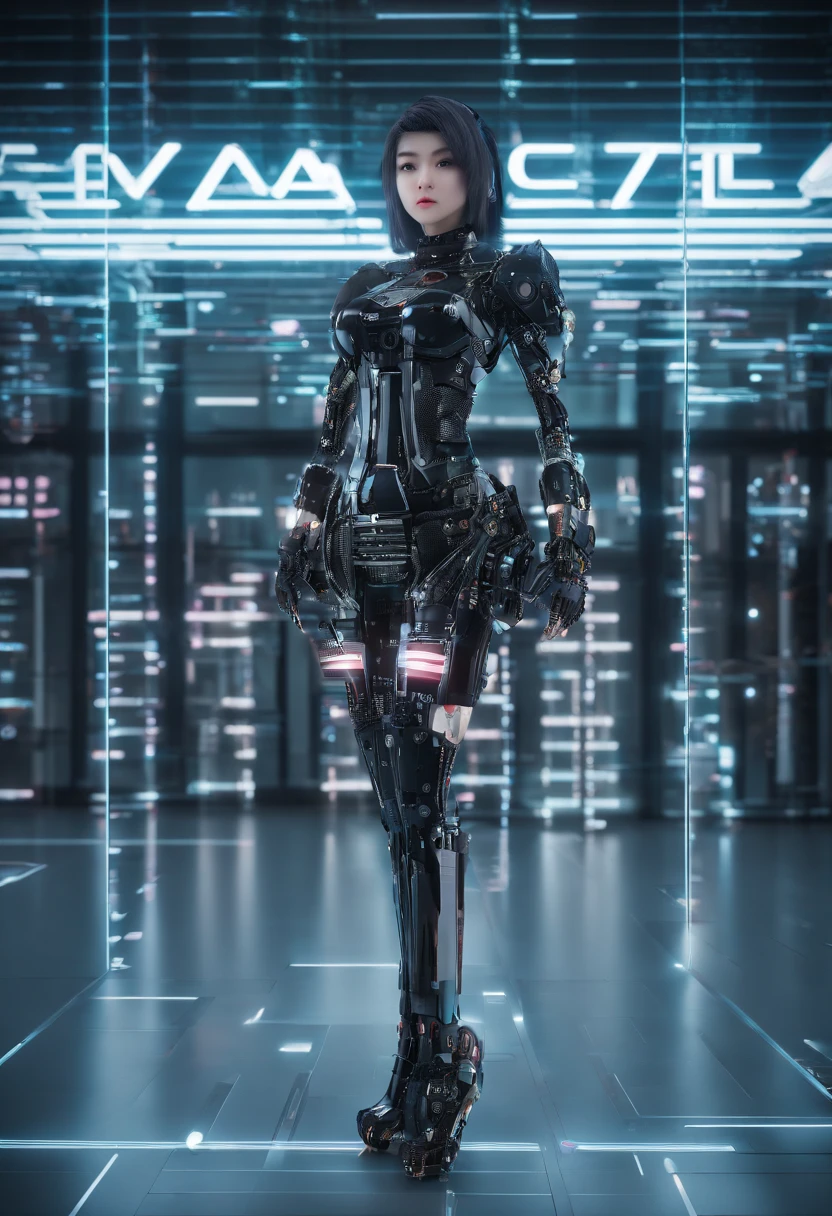 （full body shot of：1.4），Space art，1 cheongsam woman，full bodyesbian，Stand up，Transparent robotic arm，slim toned body，proporções perfeitas，Delicate hair accessories，ssmile，Transparent mechanical shoes，Oriental elements，（Bokeh），high high quality，4K，3D