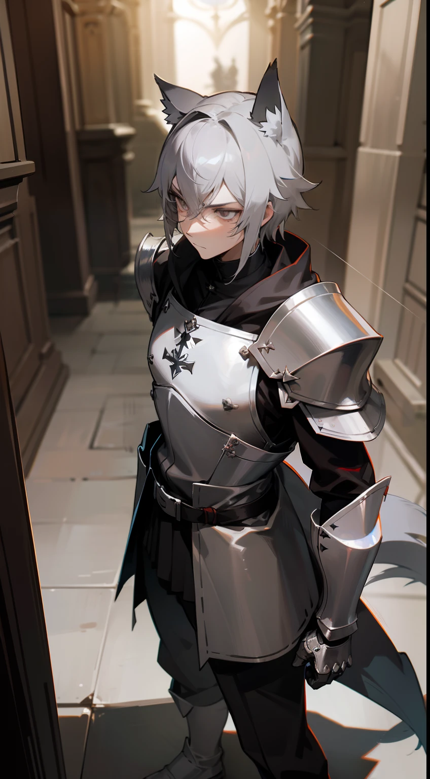 1boy,solo,gray hair,small templar silver and knight outfit, wolf ears, wolf tail, serious face, masterpiece, HD, 4k,night,room,standing,face detailed