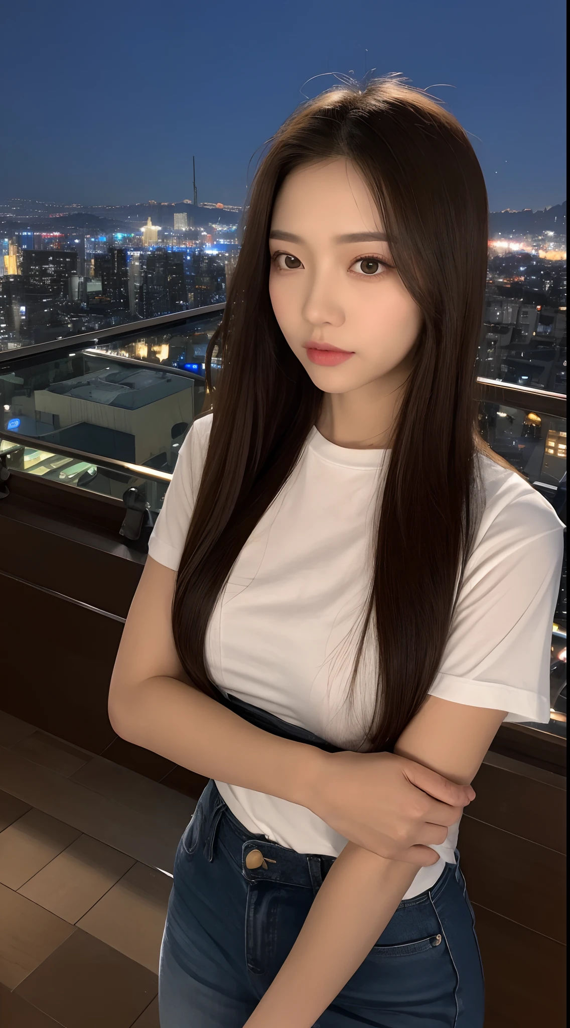 ((Midnight, Best quality, 8k, Masterpiece :1.3)), Whole body, Long legs, Sharp focus :1.2, A pretty woman with perfect figure :1.4, Slender abs :1.1, ((Dark brown hair, Big breasts :1.2)), (White tight tshirt, Jean bib, Standing:1.2), ((Night city view, Rooftop:1.3)), Highly detailed face and skin texture, Detailed eyes, Double eyelid
