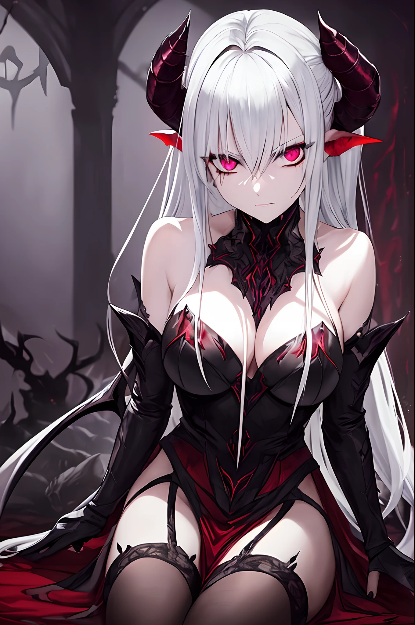 (Dark lighting, sharp shadows, photorealistic, high detail, hyperrealistic, sharp focus). Archdemon woman with detailed eyes, evil eyes and demonic horns. She is sitting in front of a pile of skulls in the eerie atmosphere of the blood-stained comcombs. She is wearing a classy outfit that accentuates her demonic features.