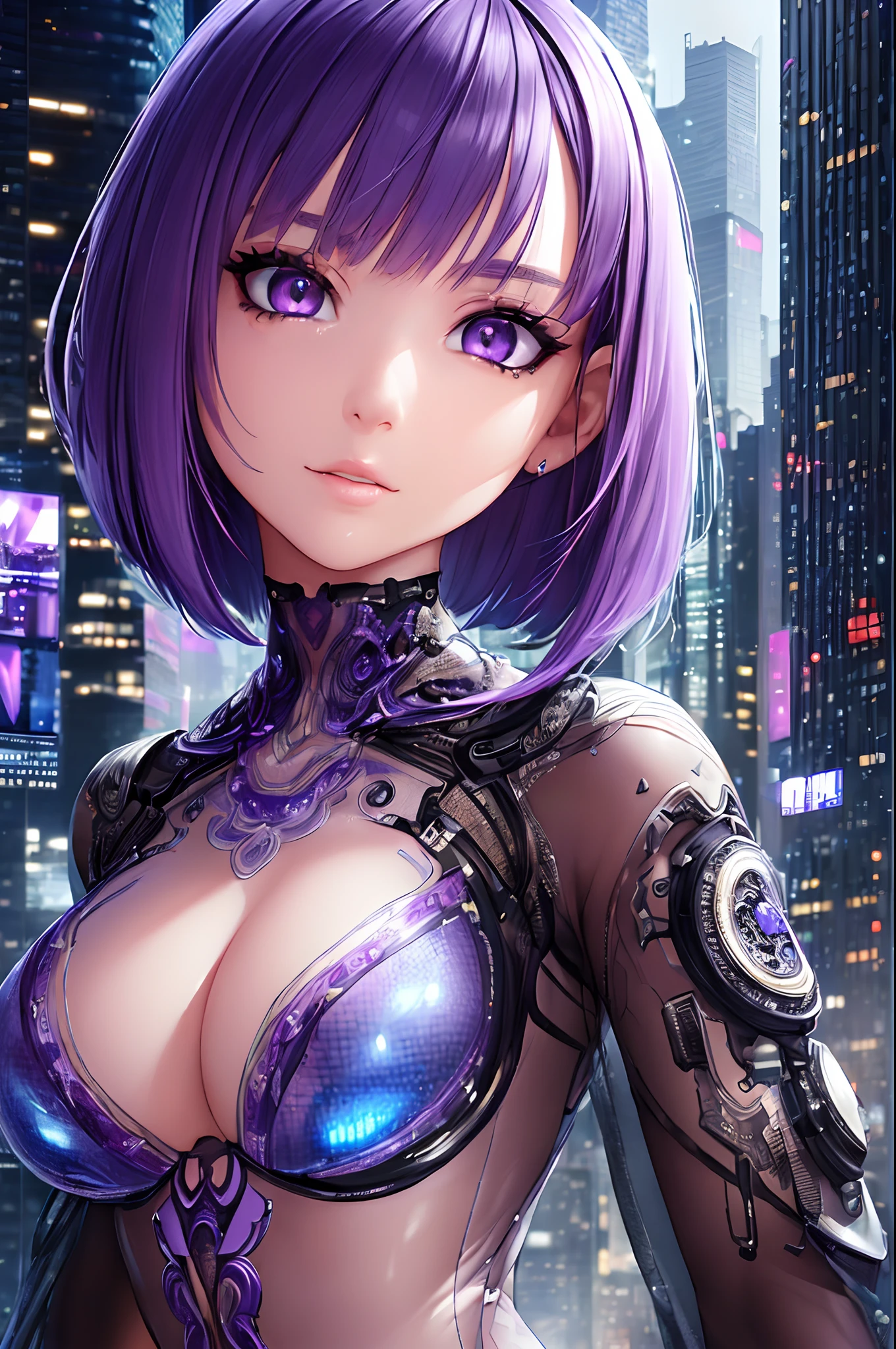Highly detailed, ultra detailed, best quality, highest quality, hyper detailed, highly detailed background, photorealistic, masterpiece, detailed CGI 32k:1.3, detailed realistic skin, stunning and gorgeous, (holographic Girl), (against the backdrop of a cyberpunk city:1.2), (transparent body:1.3), small breasts, (dim lighting:1.2), (detailed hair:1.3), (bob haircut:1.2), (blue hair:1.3), (centered), (highly detailed:1.4), (purple eyes:1.3), (detailed face and eyes:1.4).