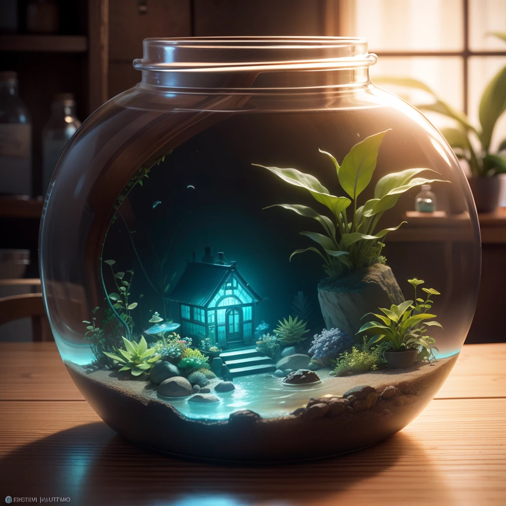 Aquarium in a round jar with a lid、Aquarium of driftwood and aquatic plants、(((Realistic fluctuations in water in bottles)))、Miniature Figure Models, Right-to-left light source, Rambrandt Lighting, Small blue light source from the bottom of the jar,houseplant、 (Isometric view), (top down), Realistic scale, Post-processing, ((Orthogonal perspective)), Super Detail, Realistic, Super realistic, lifelike rendering, Slightly dim lighting、Professional Photographer